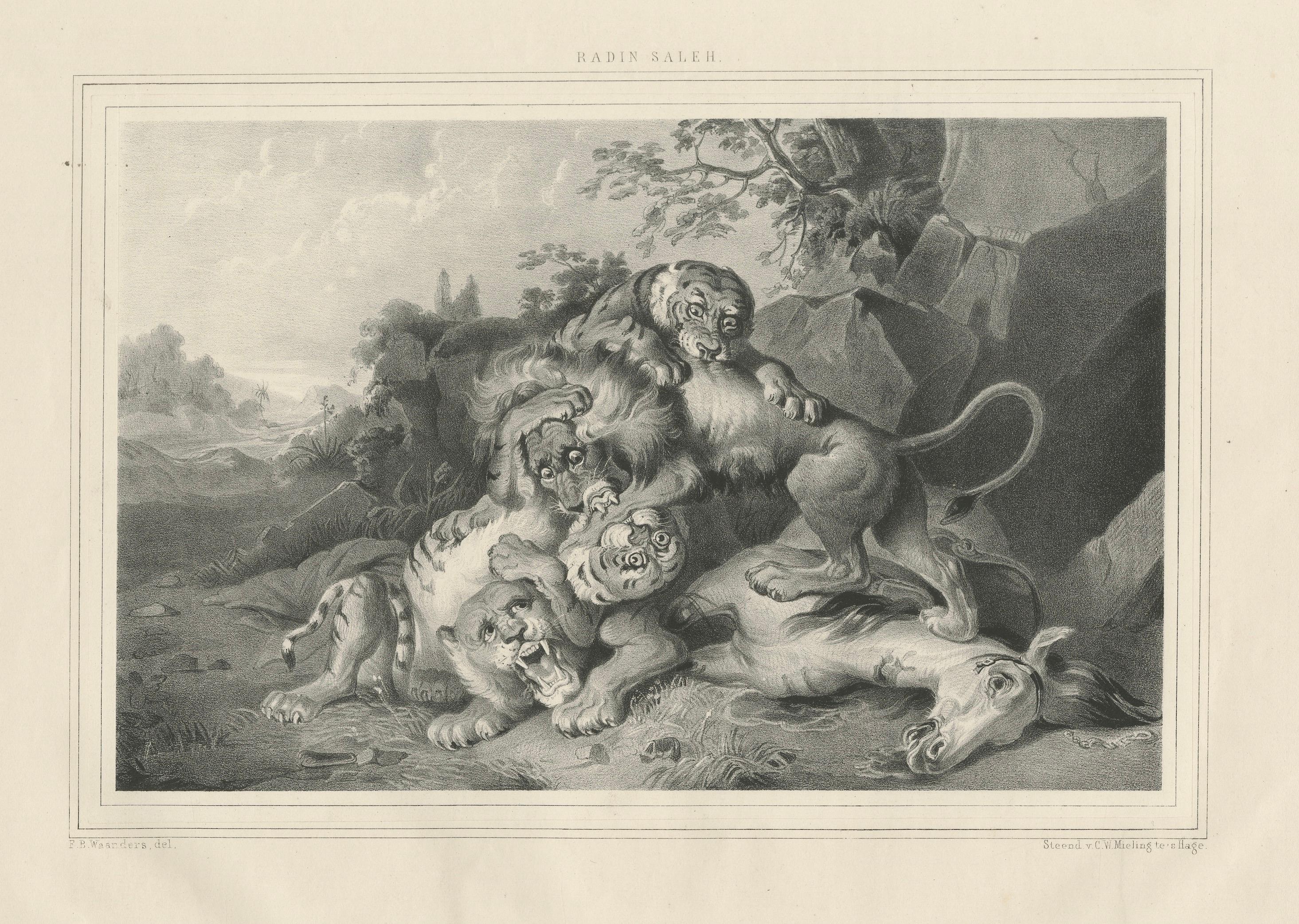 Raden Saleh Tigers & Lions Fight Horse Lithograph, The Hague c.1845