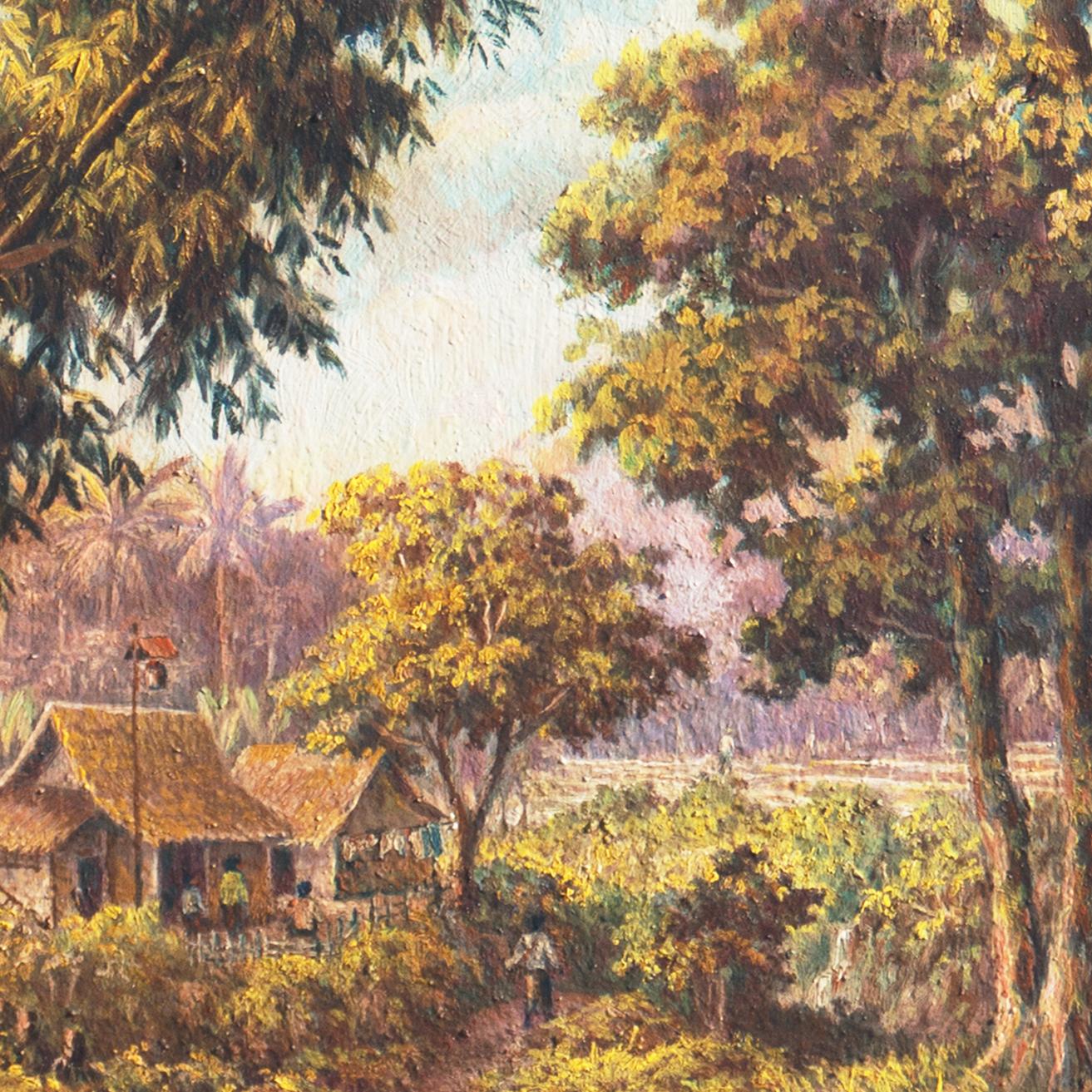 Signed lower left, 'Soekardji' for Raden Soekardji (Indonesian, 1880-1950) and painted circa 1950.

An elegant and lyrical oil by this noted landscape painter who was active in Indonesia during the 1930s and 1940's.  Soekardji has created here an
