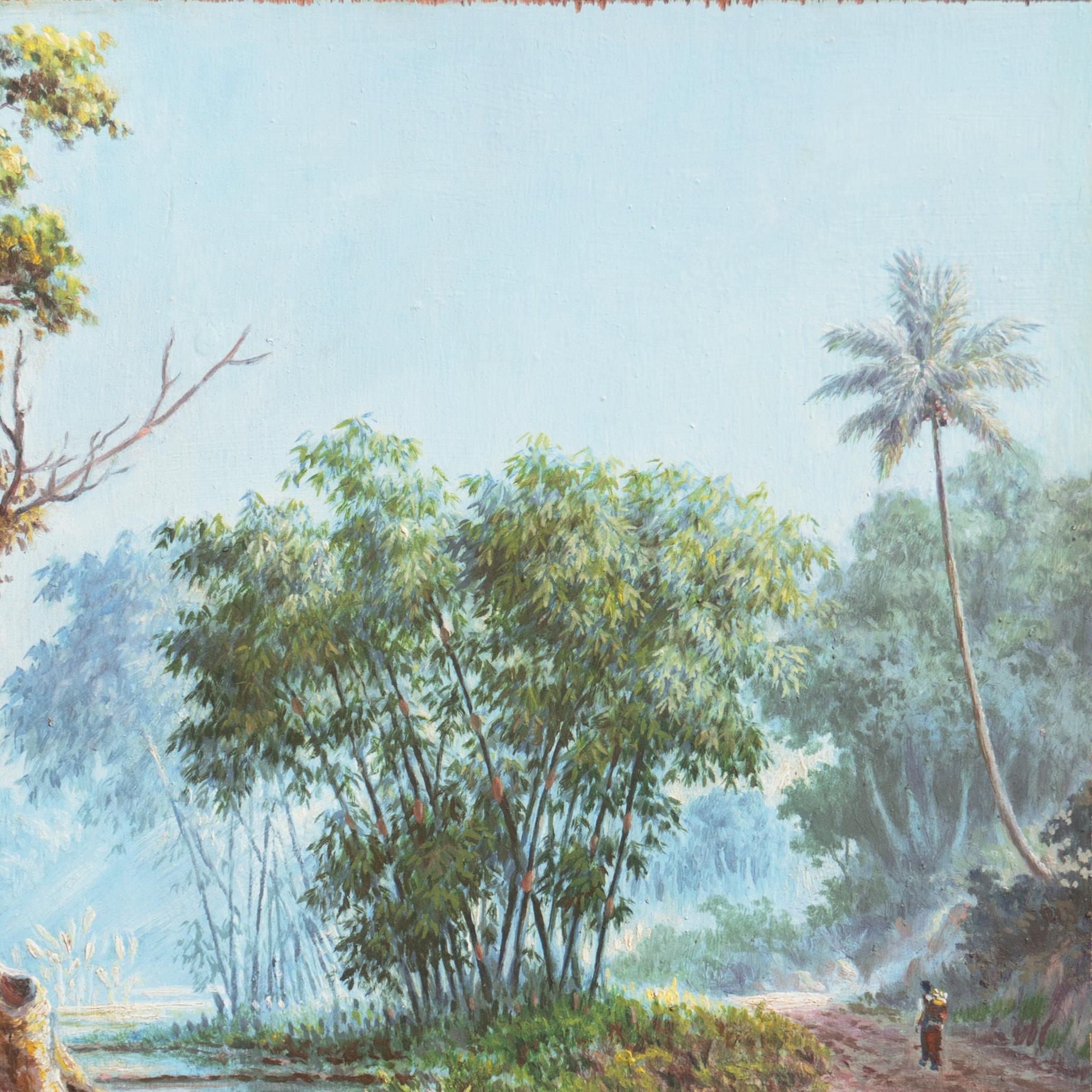Signed lower left, 'Soekardji' for Raden Soekardji (Indonesian, 1880-1950), painted circa 1950 and bearing shipping label from RMS. Otranto.

An elegant and lyrical oil by this noted landscape painter who was active in Indonesia during the 1930s and