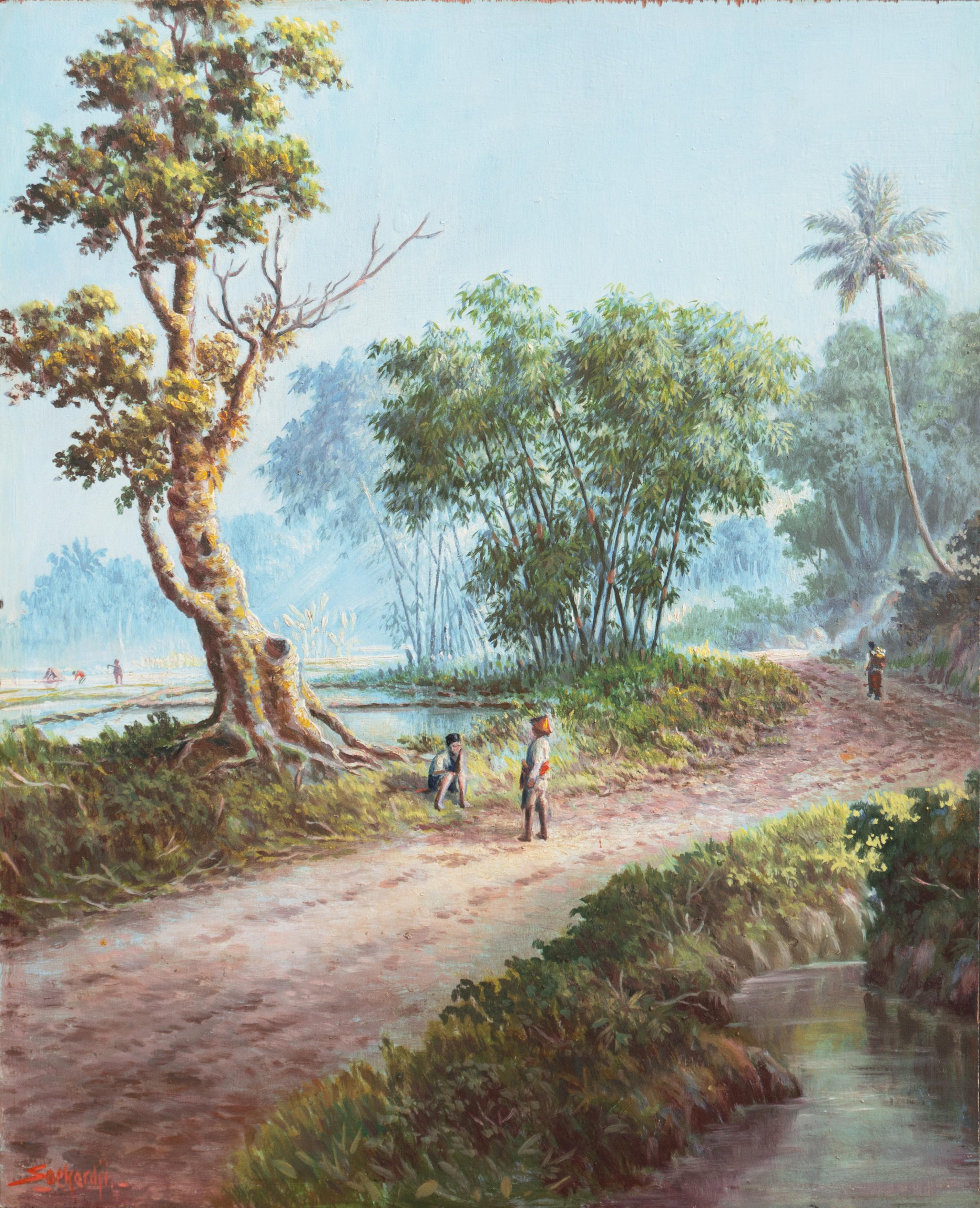 Raden Soekardji Landscape Painting - 'Indonesian Landscape', Mooi Indië, Javanese, Djakarta, RMS Otranto