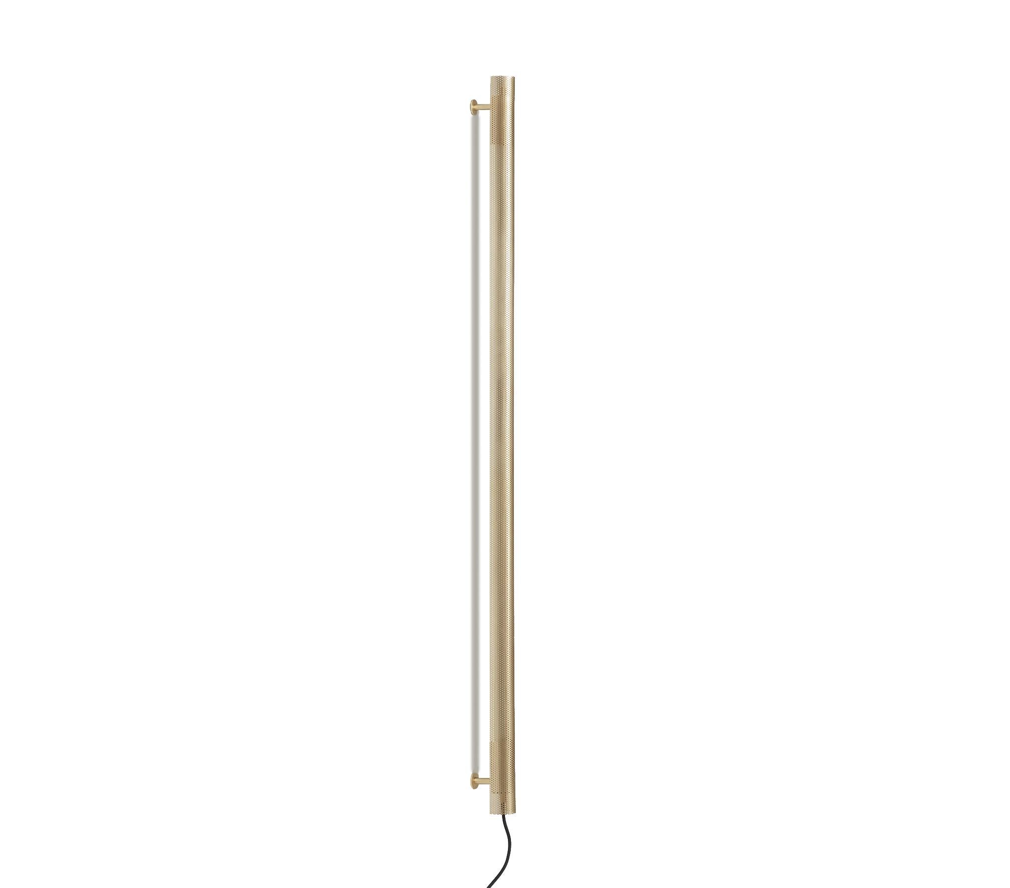 Radent wall lamp is based on a standard LED light and is a slim radiant linear wall lamp. The Radent Wall Lamp is available in two sizes with a black, white or brass finish.