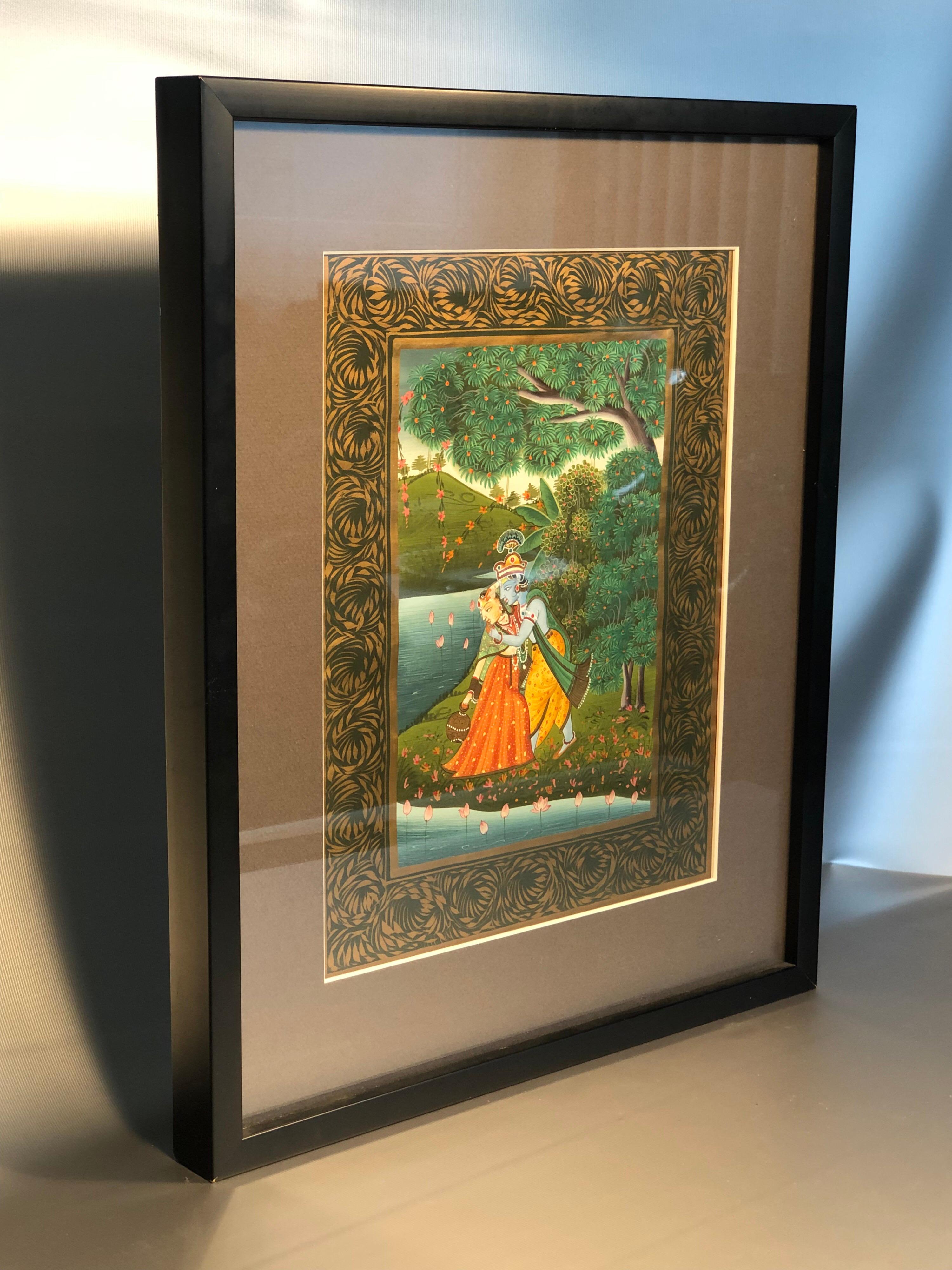 Indian Radha and Krishna Gouache Love Scene Miniature Painting, India SALE 