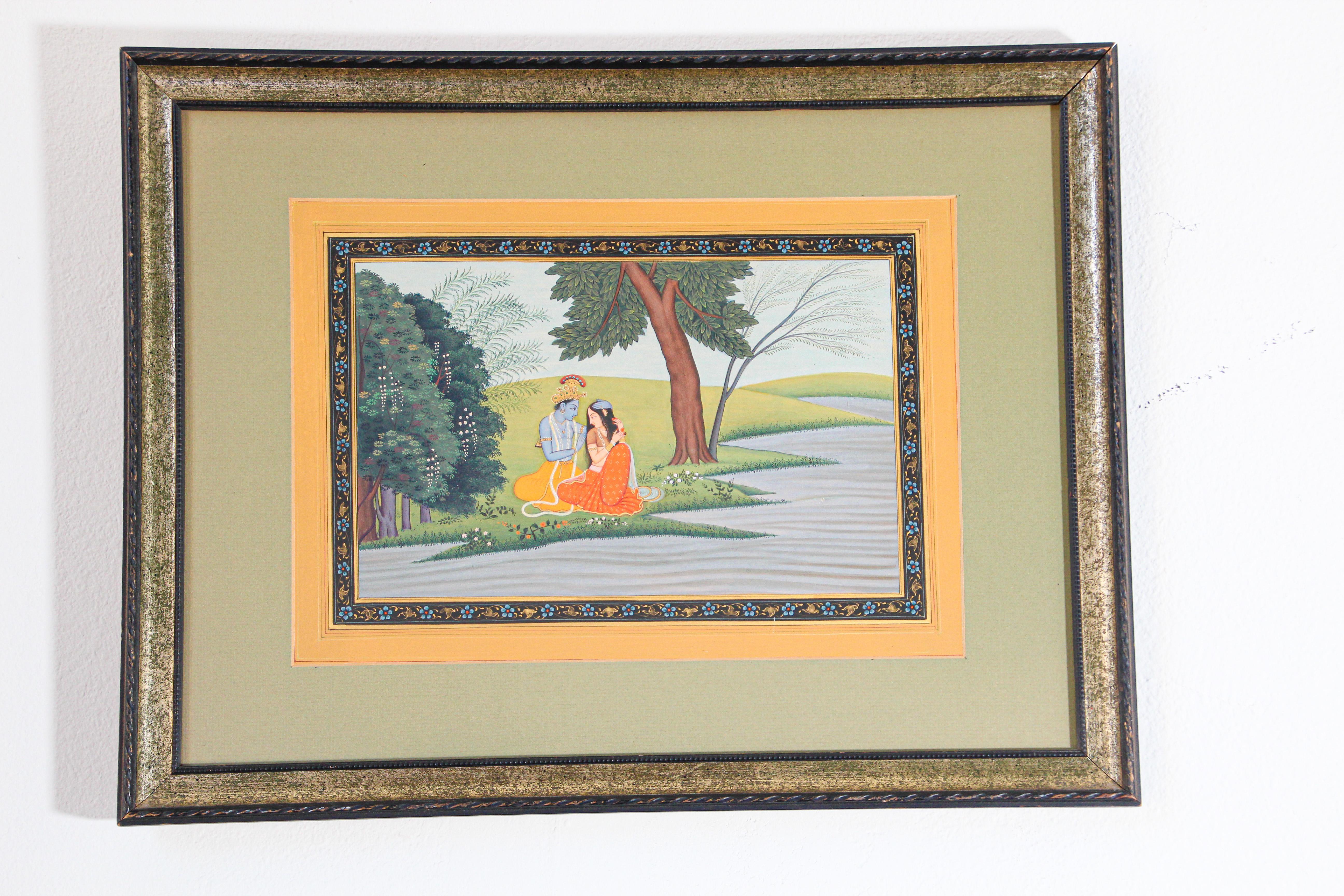 Vintage Radha and Krishna painting on paper.
Radha, daughter of Vrishabhanu, was Krishna's lover during that period of his life when he lived among the cowherds of Vrindavan. Since childhood they were close to each other - they played, they danced,