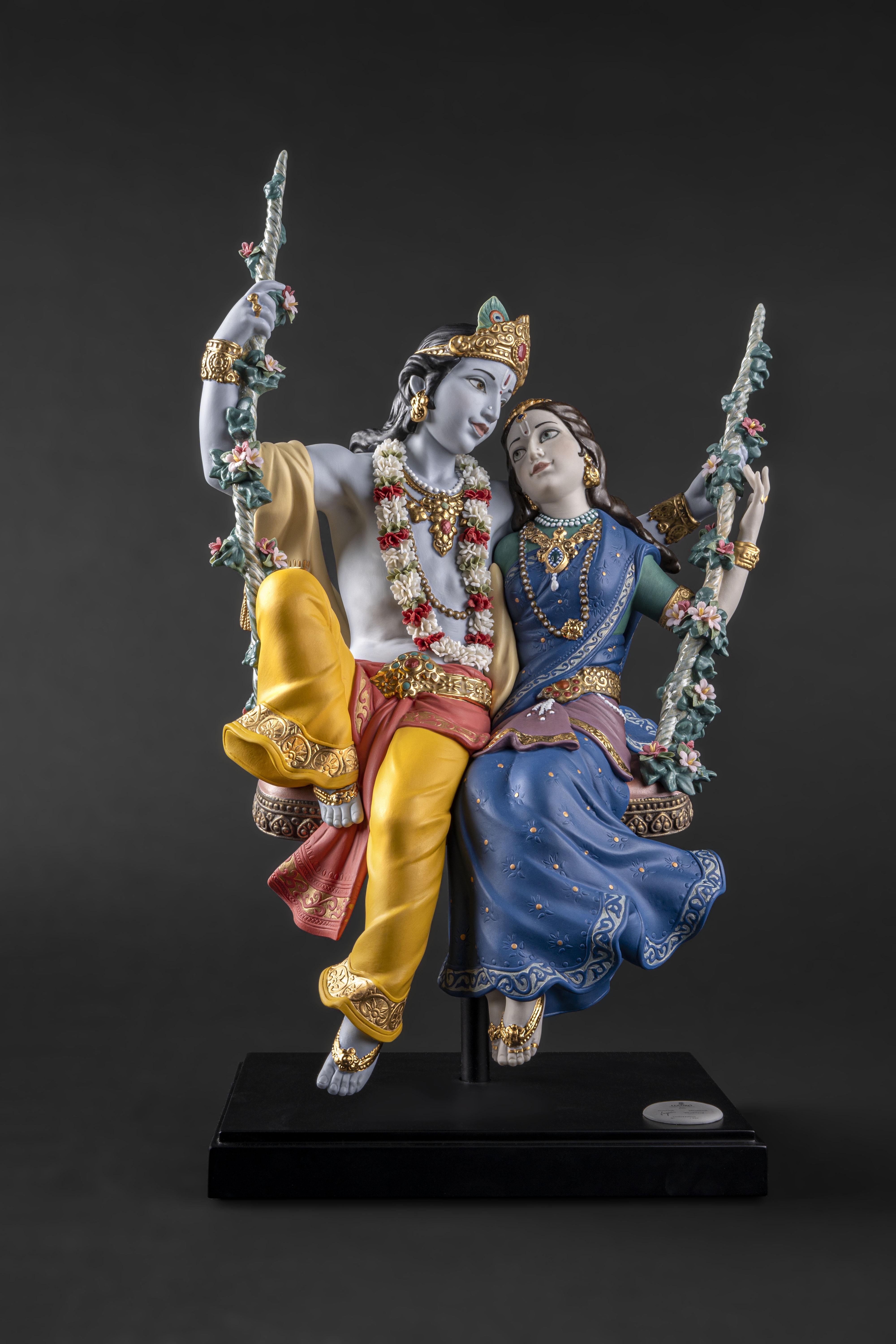 Porcelain sculpture depicting Lord Krishna, one of the most venerated gods in Hinduism, and his beloved Radha in one of the swings from the traditional Jhulan Yatra festival. The love between Radha and Krishna has given rise to some wonderful fables