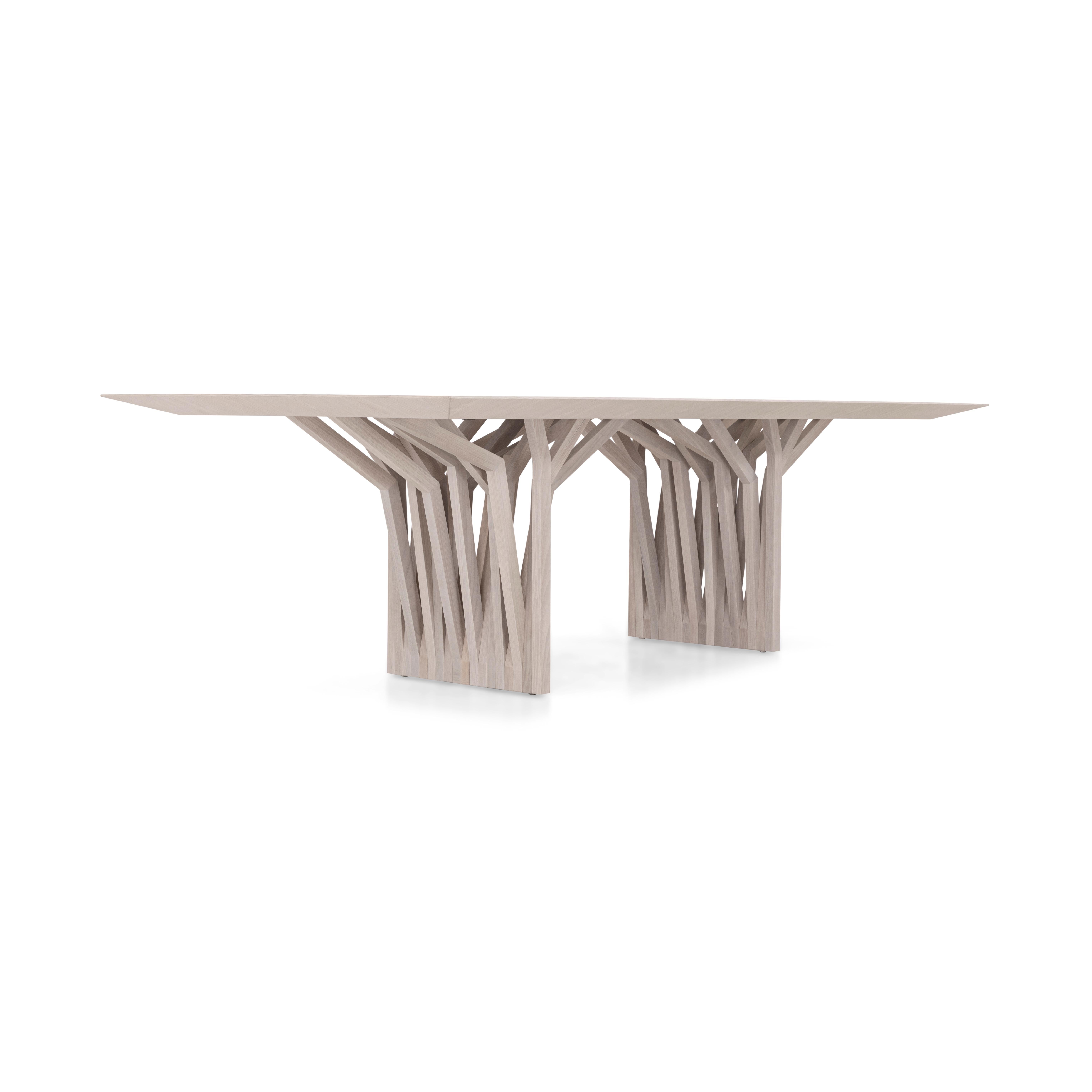 XXIe siècle et contemporain Table de salle à manger personnalisable de 98 pouces avec finition en chêne doré et base en racine, Radi Line en vente