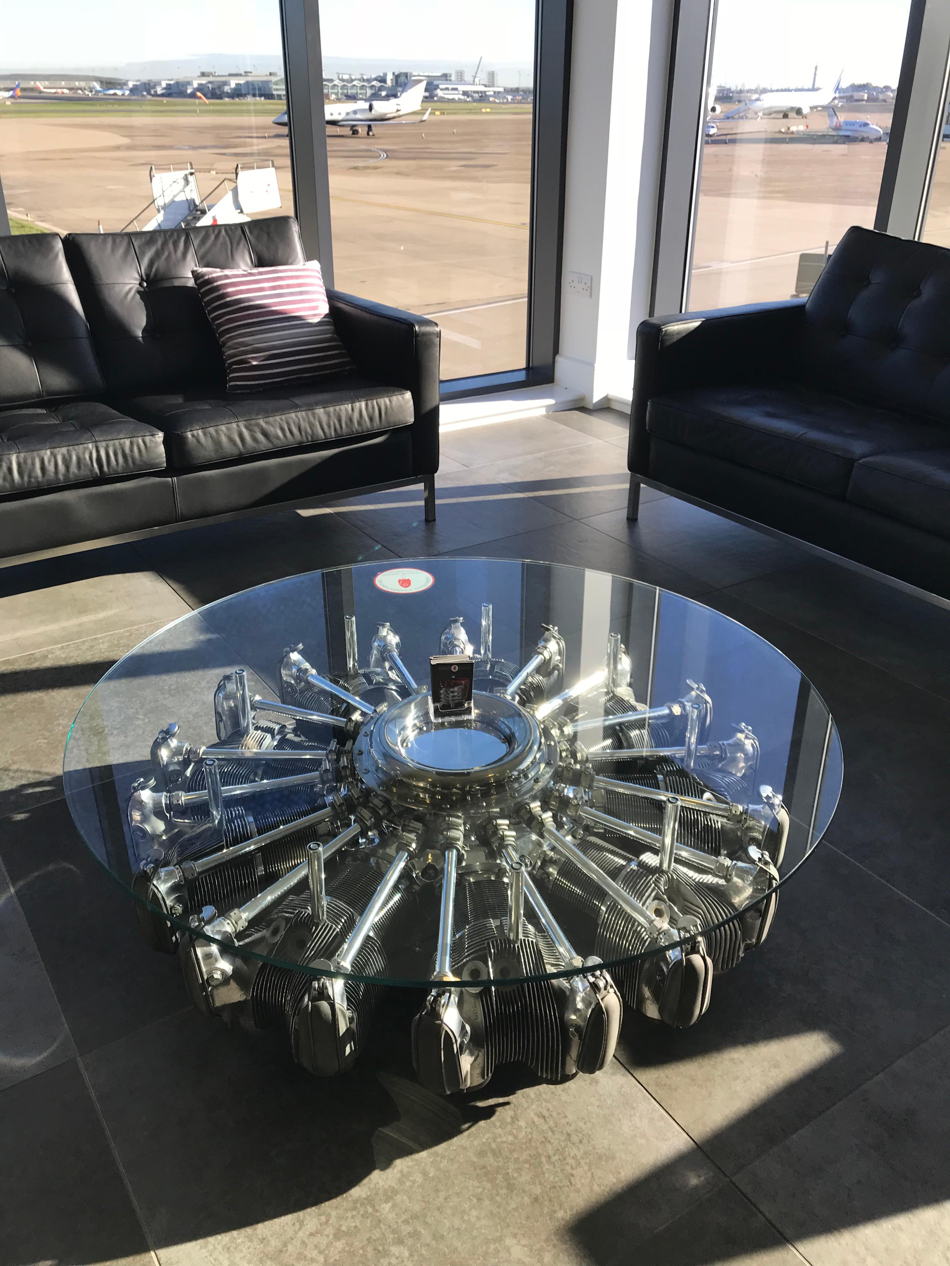 A highly polished glass top coffee table fashioned from a radial engine looks simply stunning.
From a Z-37 T Czechoslovakian aircraft. 


      