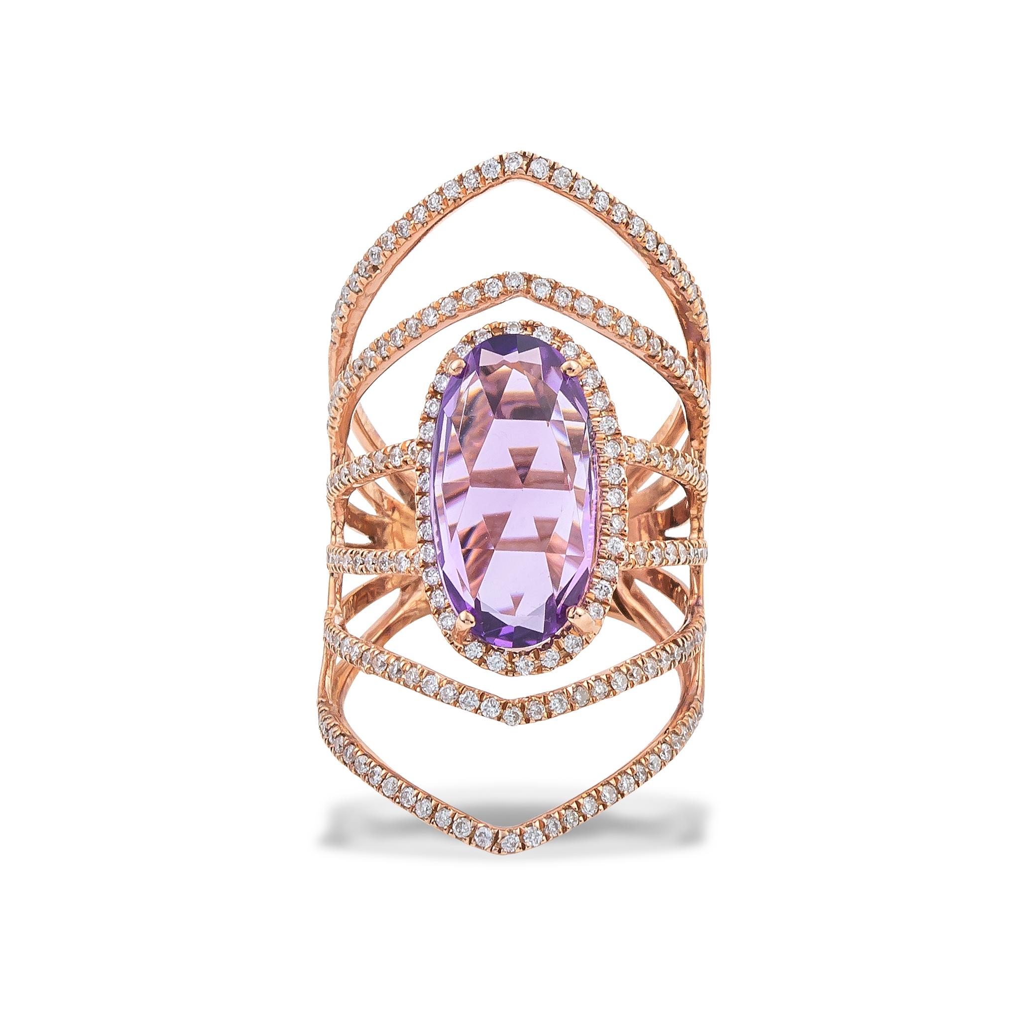 Radial Rhombus Shape Cocktail ring handcrafted in 18Kt rose gold with 3.70 ct oval Amethyst and 0.84 ct Pave brilliant cut diamonds. A unique piece of jewelry designed especially for those who dare to be different. The amethyst in the centre of the