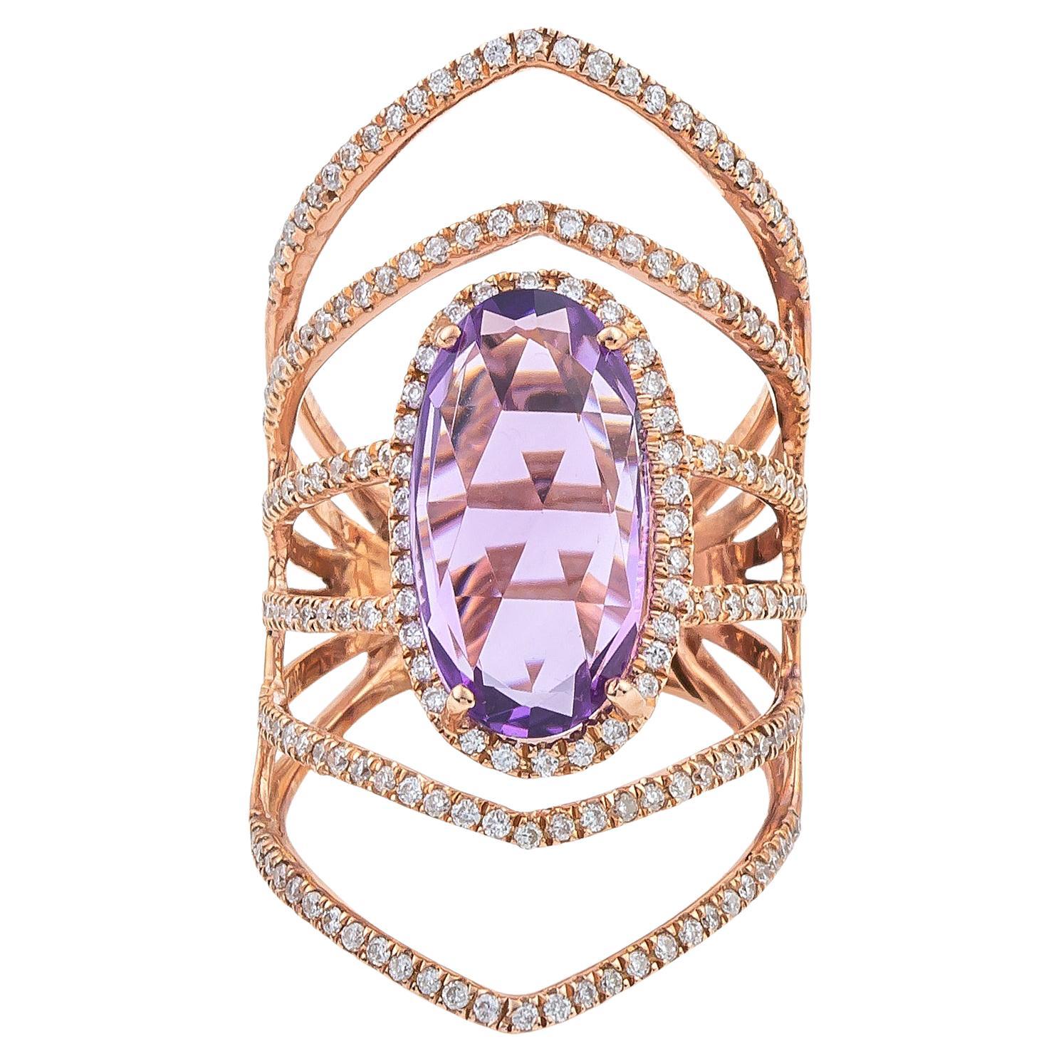 Radial Rhombus Shape Ring in 18Kt Rose Gold with Oval Amethyst and Pave Diamonds For Sale