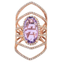 Bague en forme de losange radial en or rose 18 carats avec améthyste ovale et diamants pavés