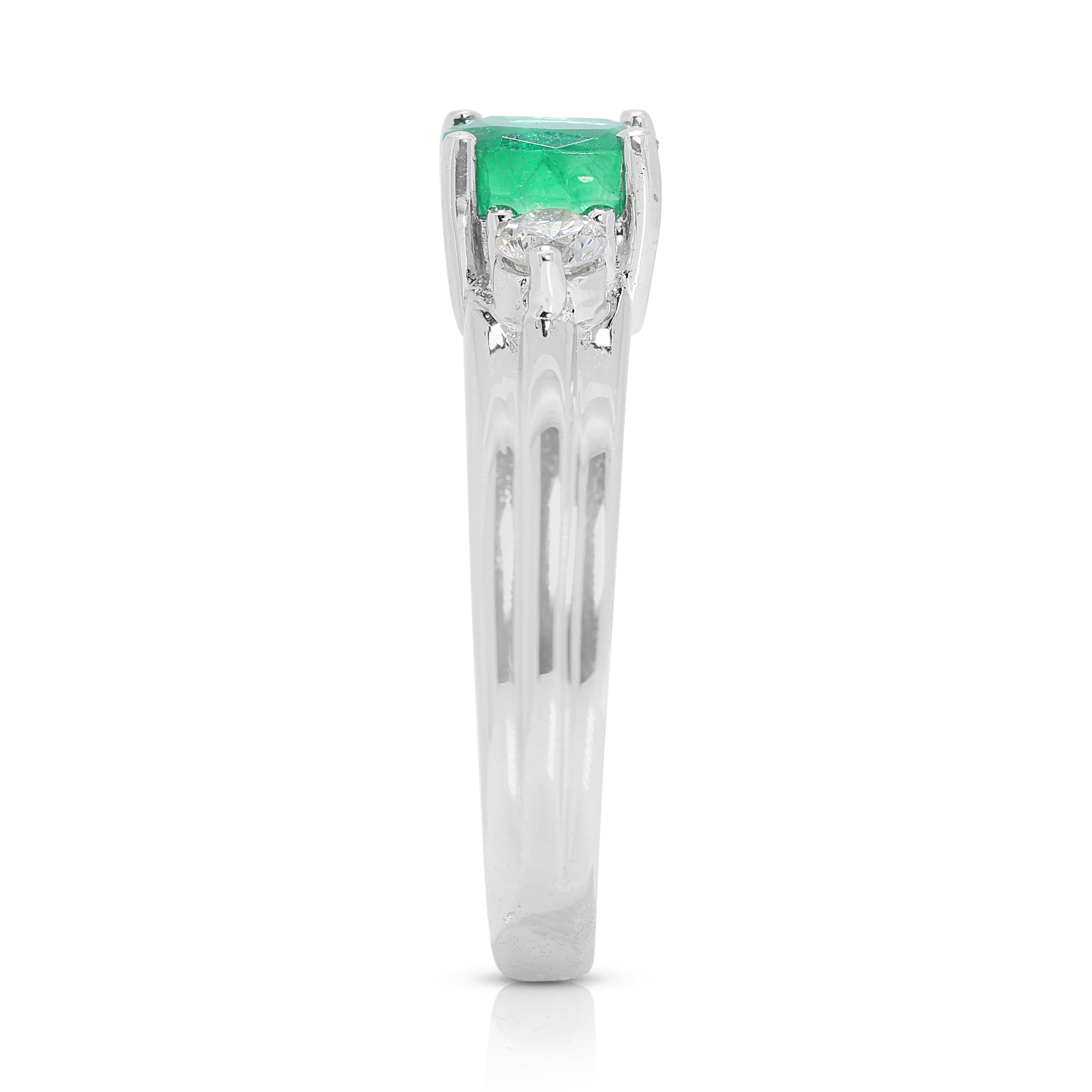 Women's Radiant 0.26 carat Emerald Ring with Natural Diamonds in 18K White Gold