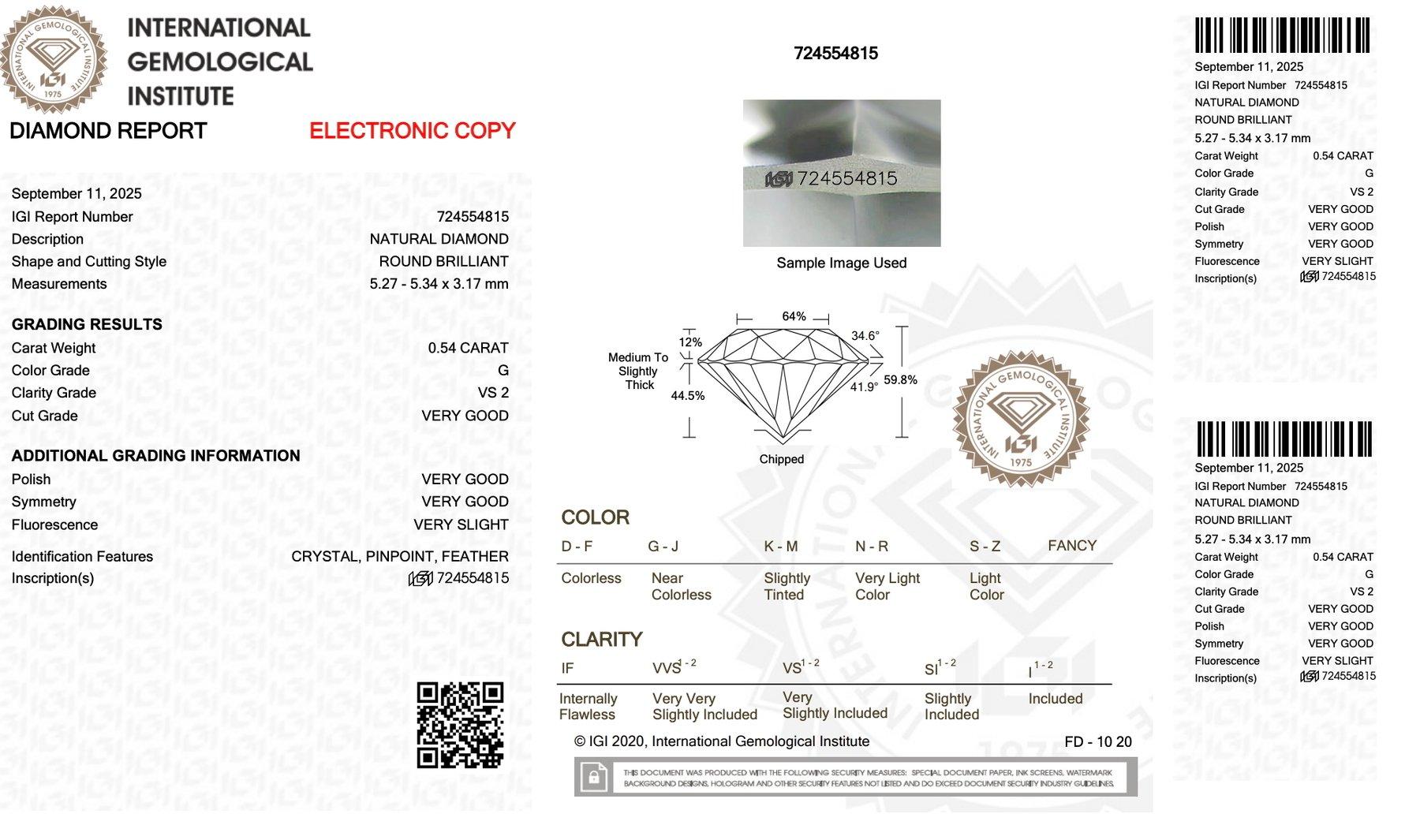 Diamant radieux de 0.54ct de forme ronde naturelle - certifié IGI

Ce captivant diamant rond de 0,54 carat éblouit par sa brillance sous tous les angles, offrant un maximum d'éclat et de retour de lumière. Ce diamant offre un éclat presque incolore,