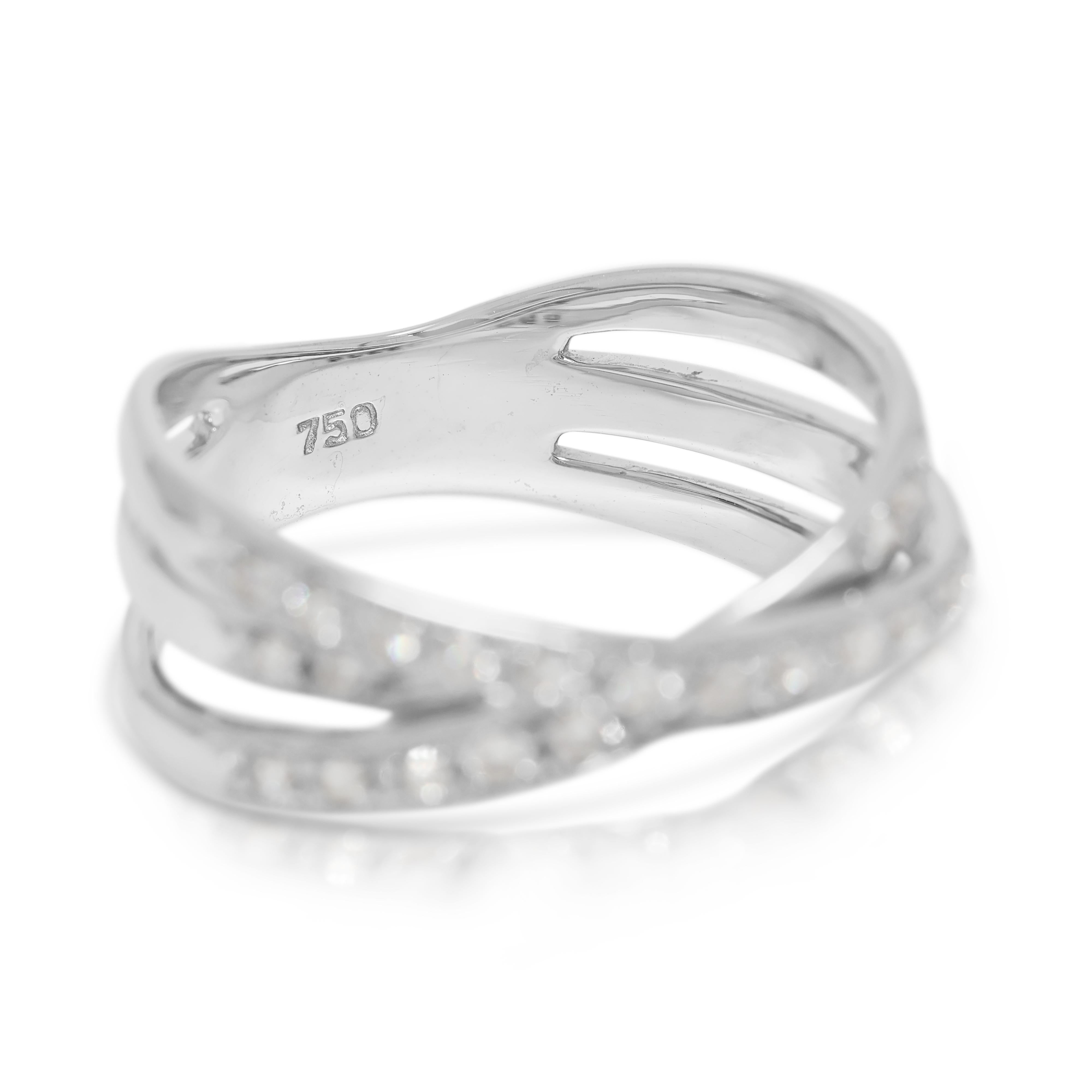 Round Cut Radiant 0.64ct Natural Diamond Crossover Ring in 18K White Gold For Sale