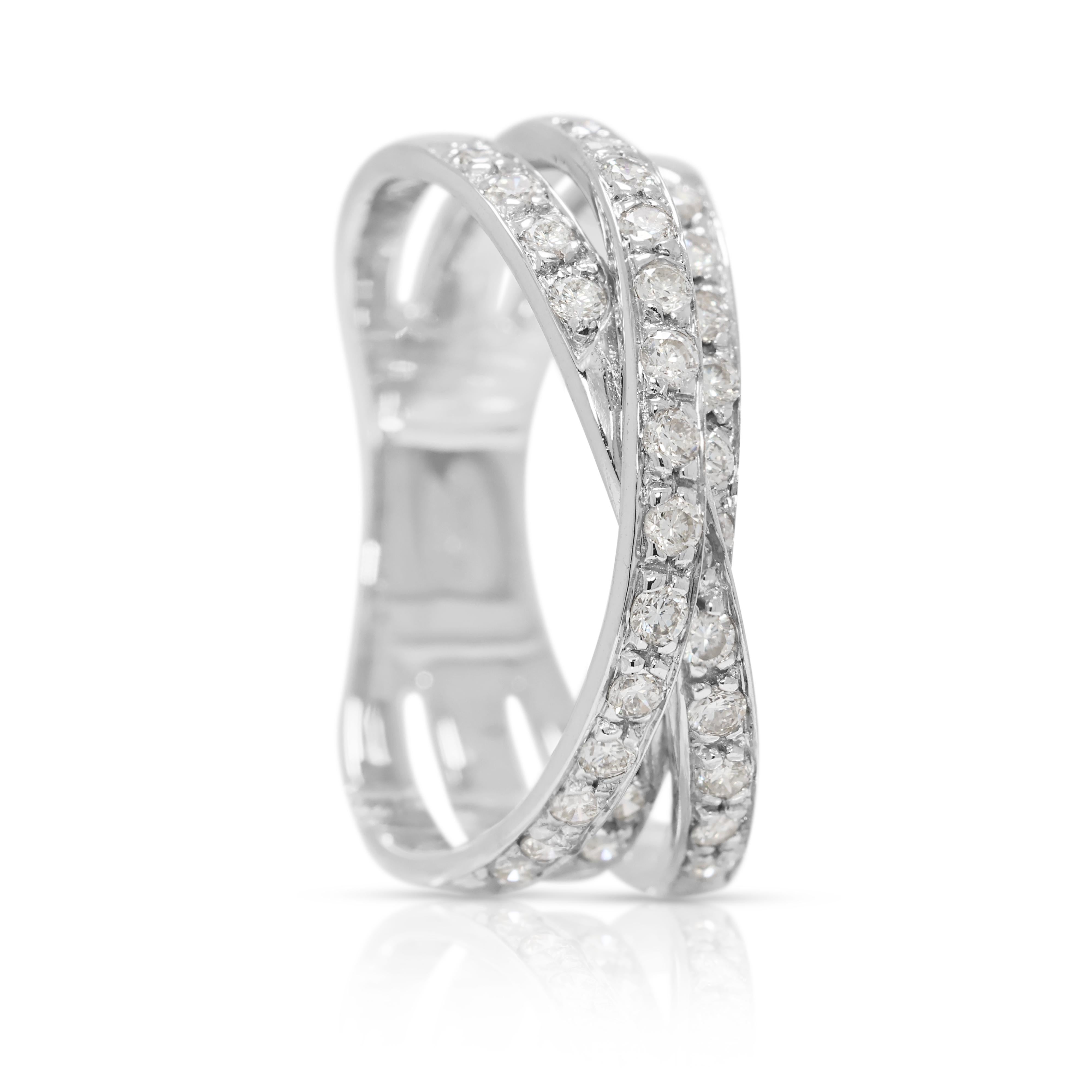Radiant 0.64ct Natural Diamond Crossover Ring in 18K White Gold For Sale 1