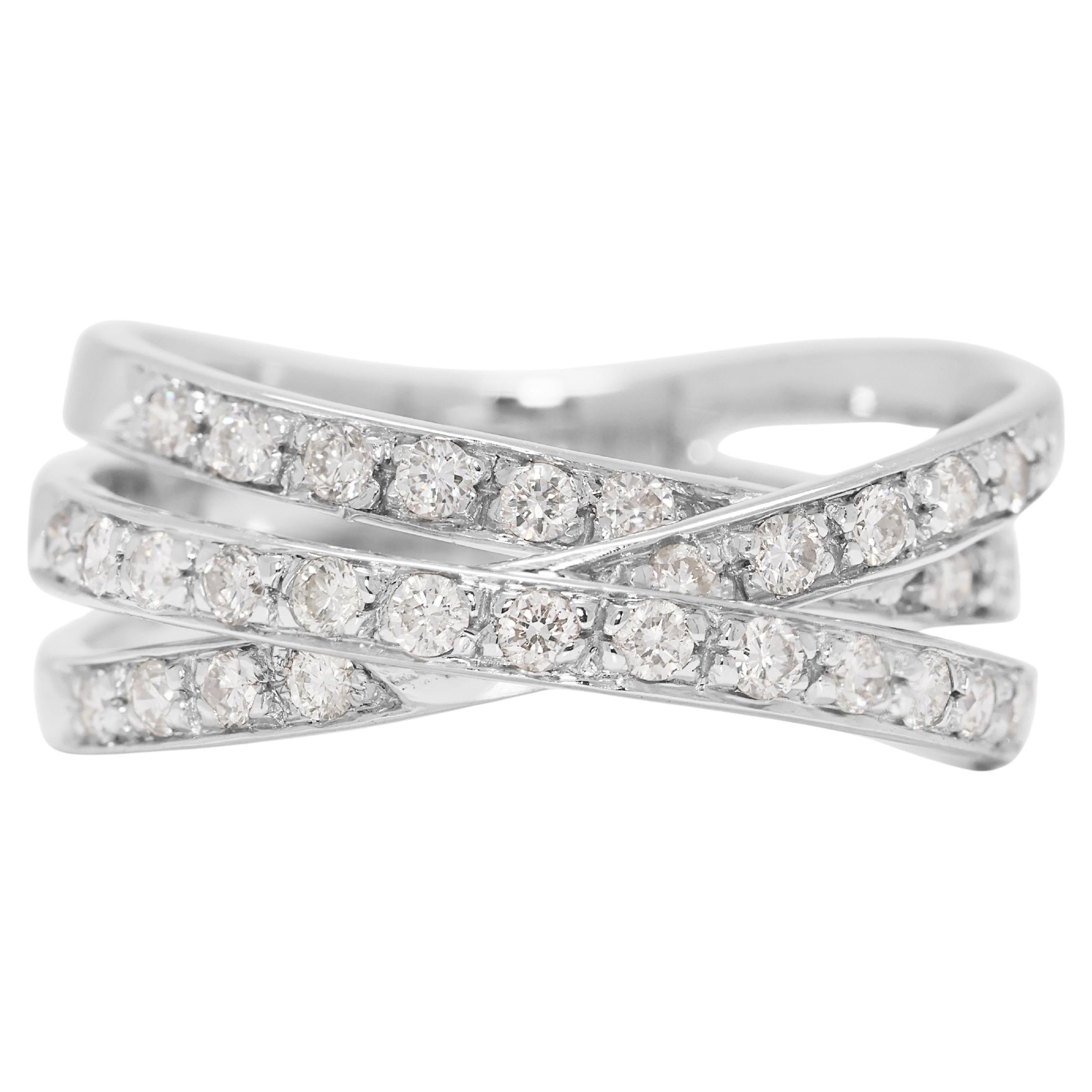 Radiant 0.64ct Natural Diamond Crossover Ring in 18K White Gold For Sale