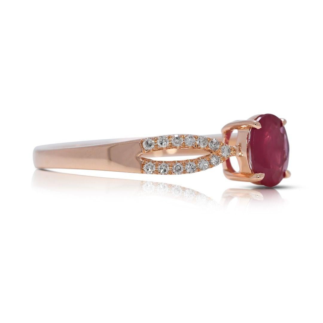 Round Cut Radiant 0.65ct Ruby & Natural Diamond Pave Ring Delight in 18K Rose Gold For Sale