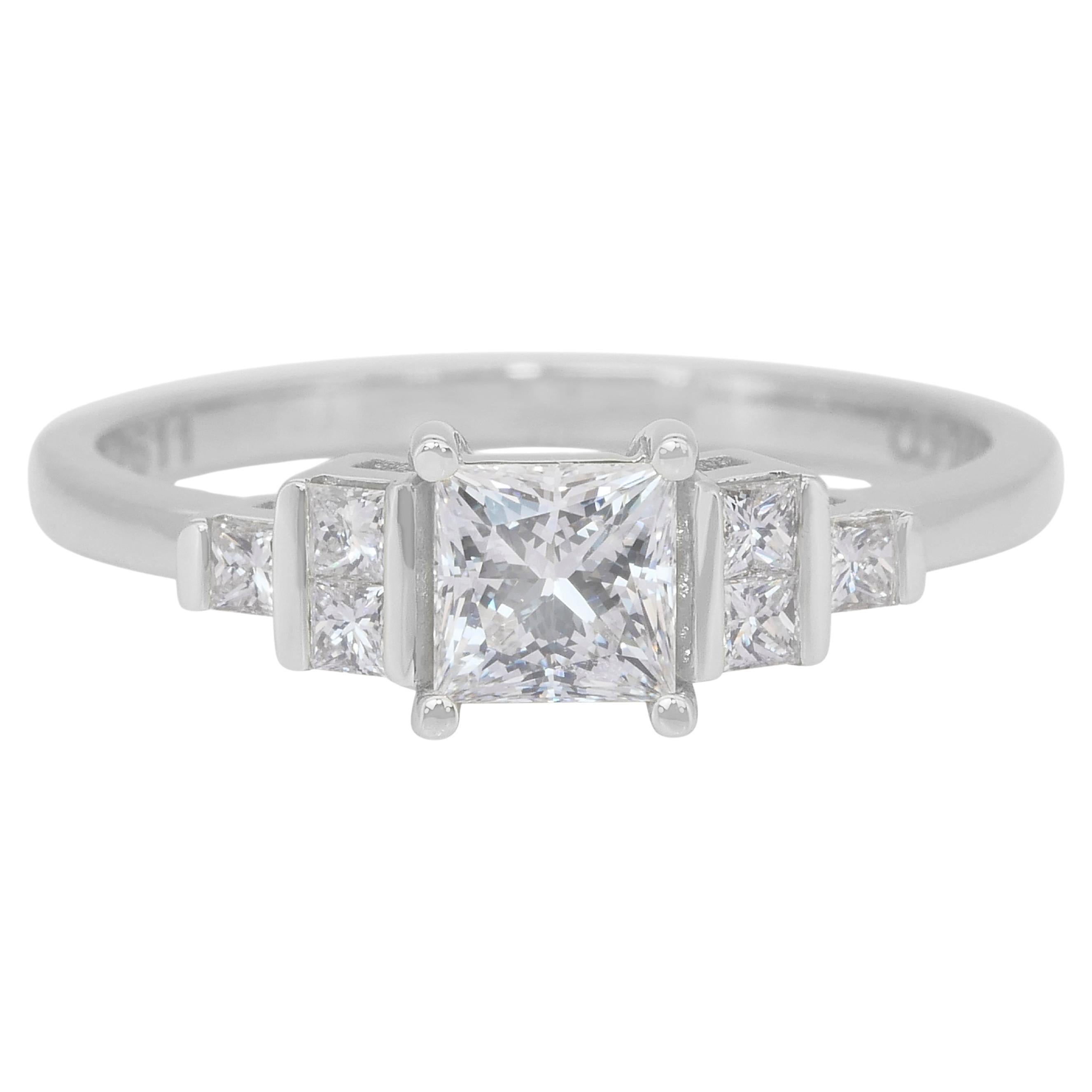 Anillo radiante con pavé de diamantes de 0,75 ct en oro blanco de 18k - Certificado GIA