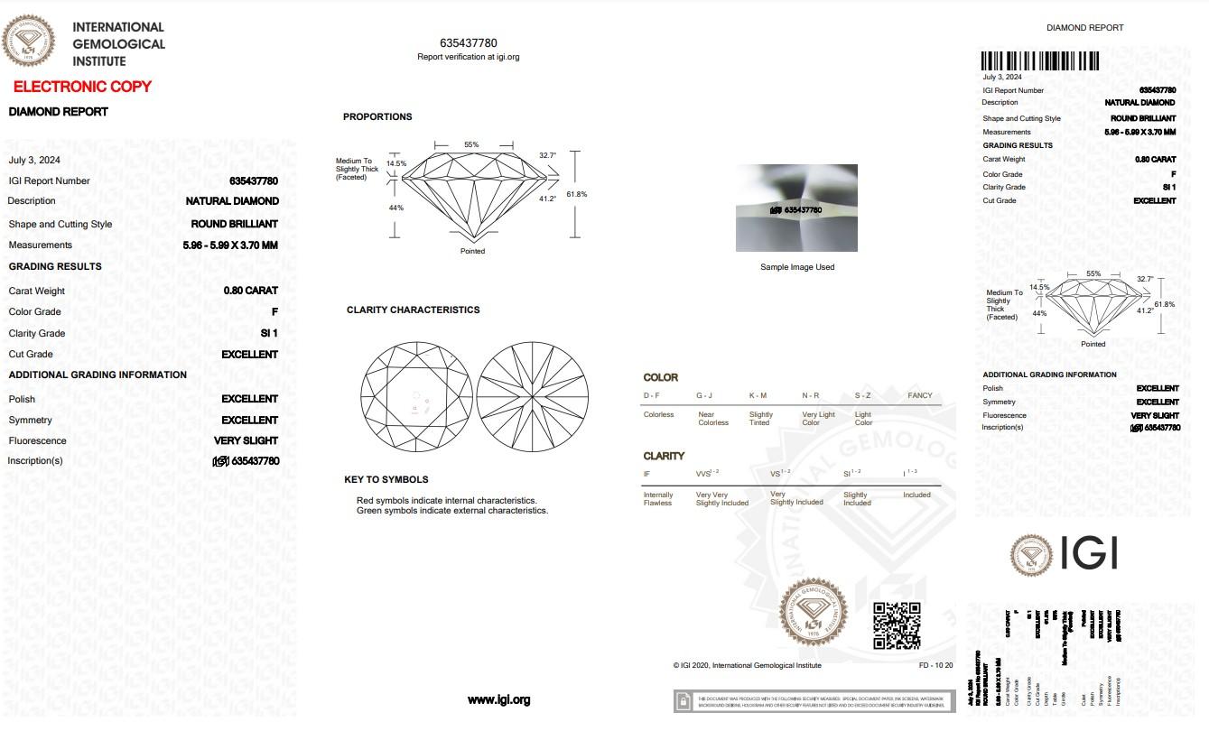 Radiant 0.80ct Triple Excellent Ideal Cut Round-Shaped Diamond - IGI Certified

Discover the unparalleled beauty of this exquisite 0.80-carat round diamond, boasting a triple excellent ideal cut for maximum brilliance. Perfect for any jewelry