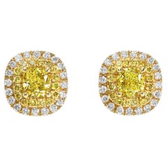 Radiant 0.85 Carat Fancy Yellow Diamond Cushion Stud Earrings – Luxury Gift