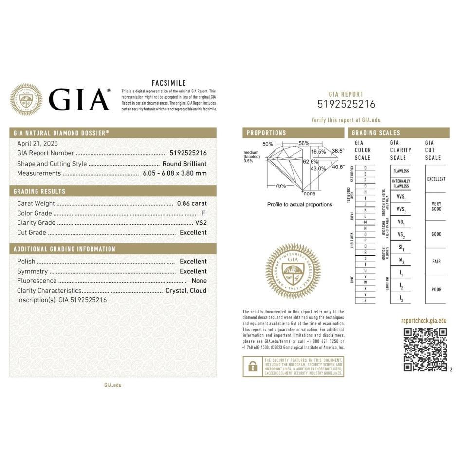 Donna Radioso diamante a forma rotonda con taglio ideale triplo eccellente da 0.86 carati - Certificato GIA in vendita