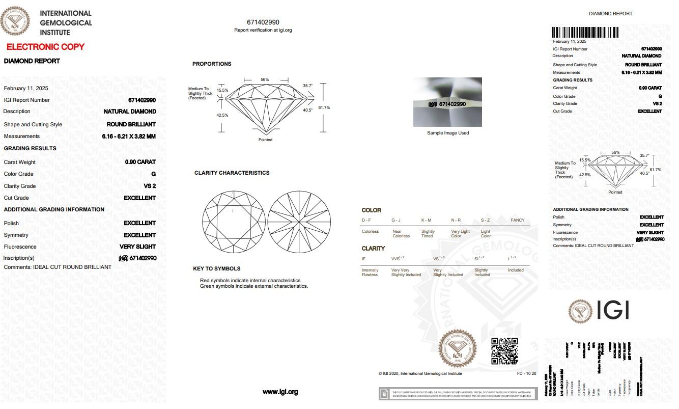Radiant 0.90ct Triple Excellent Ideal Cut Round-Shaped Diamond - IGI Certified

This stunning 0.90-carat round brilliant diamond is a true masterpiece, featuring a triple excellent ideal cut that maximizes brilliance and sparkle. Perfect for any