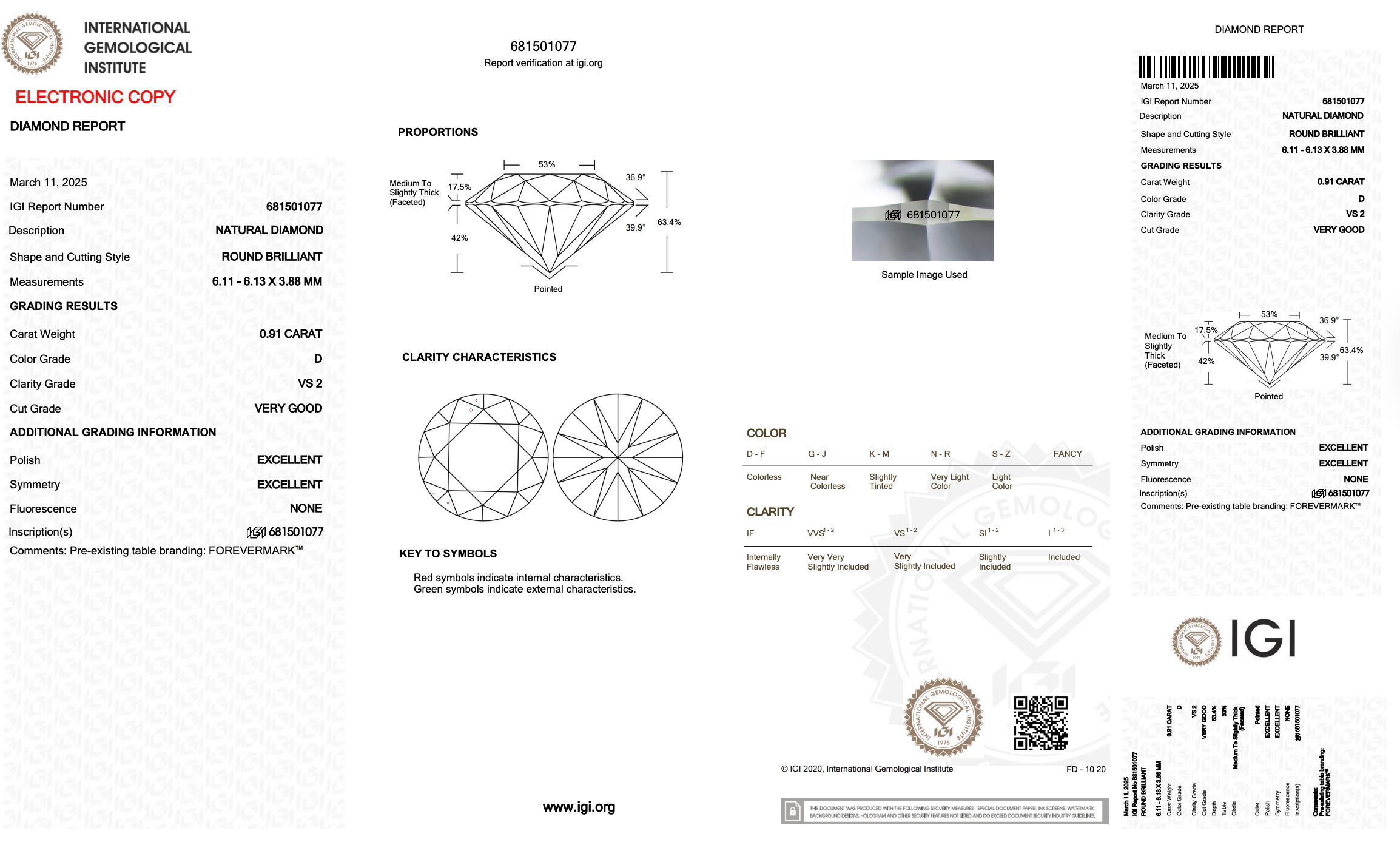 Strahlender 0,91ct rund geformter natürlicher Diamant - IGI zertifiziert (Rundschliff) im Angebot