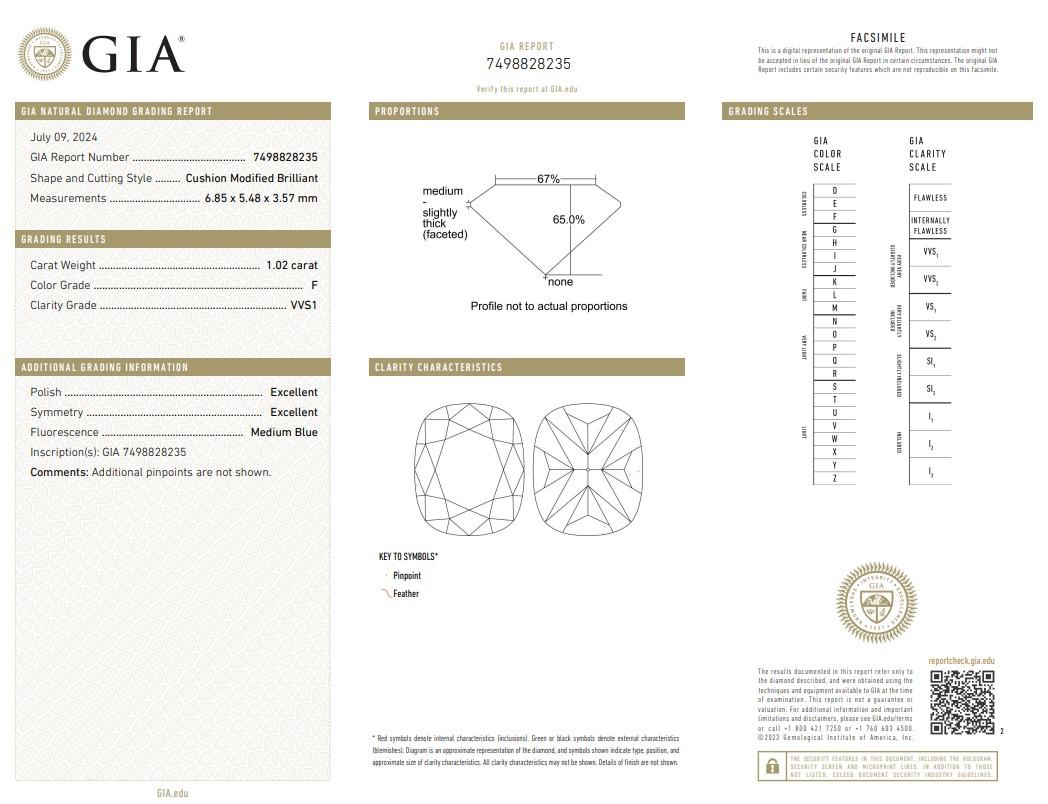 Radiant 1.02ct Double Excellent Ideal Cut Cushion-Shaped Diamond - GIA Certified

This exceptional 1.02-carat cushion-cut diamond is a masterpiece of brilliance and elegance. With a double excellent ideal cut, it captures and reflects light in a