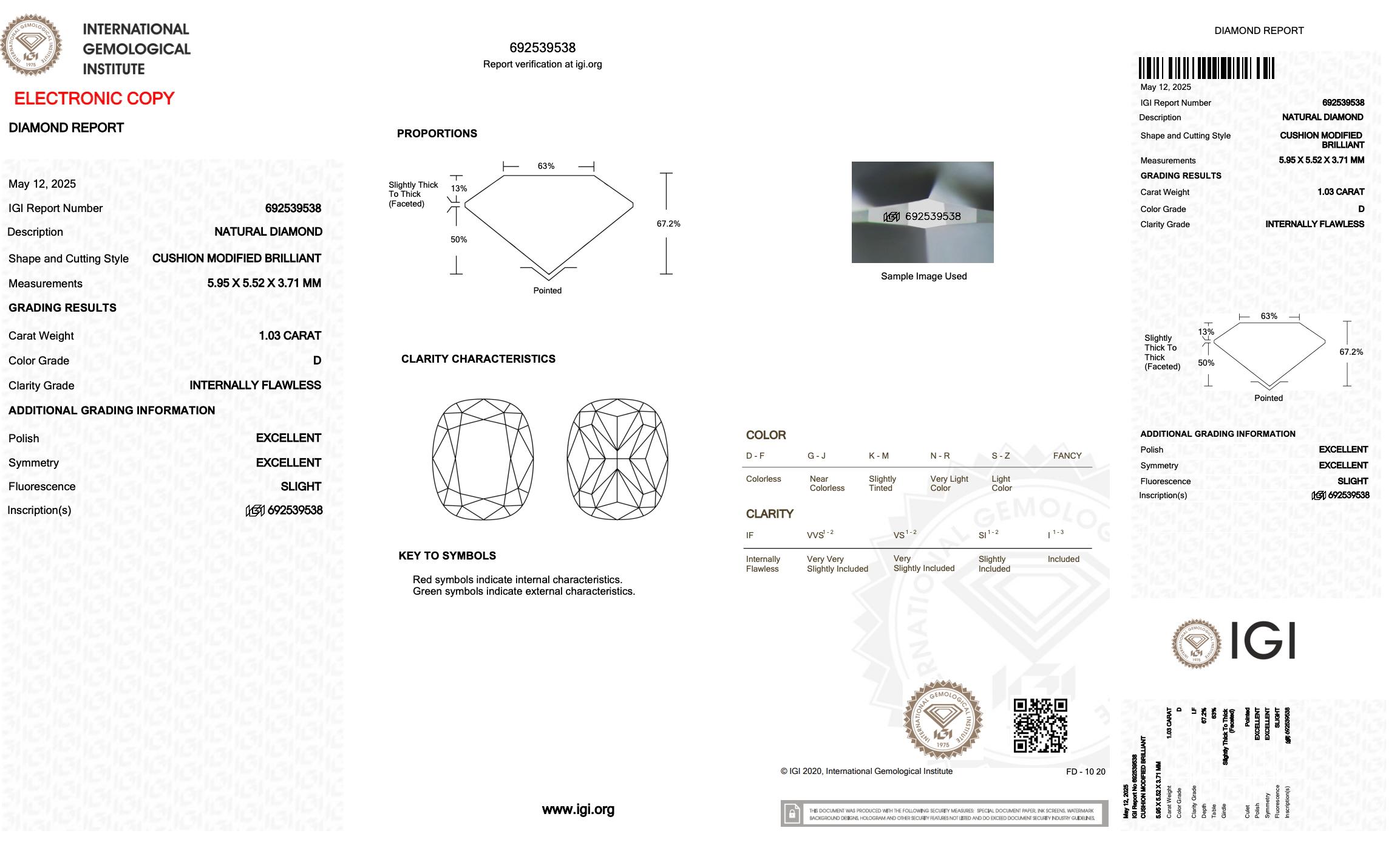 Radiant 1.03 Karat Doppel ausgezeichneter Diamant im Idealschliff in Kissenform mit Kissenschliff - IGI-zertifiziert

Ein wahres Meisterwerk der Natur und der Präzision ist dieser Diamant im Kissenschliff von 1,03 Karat. Seine doppelt ausgezeichnete