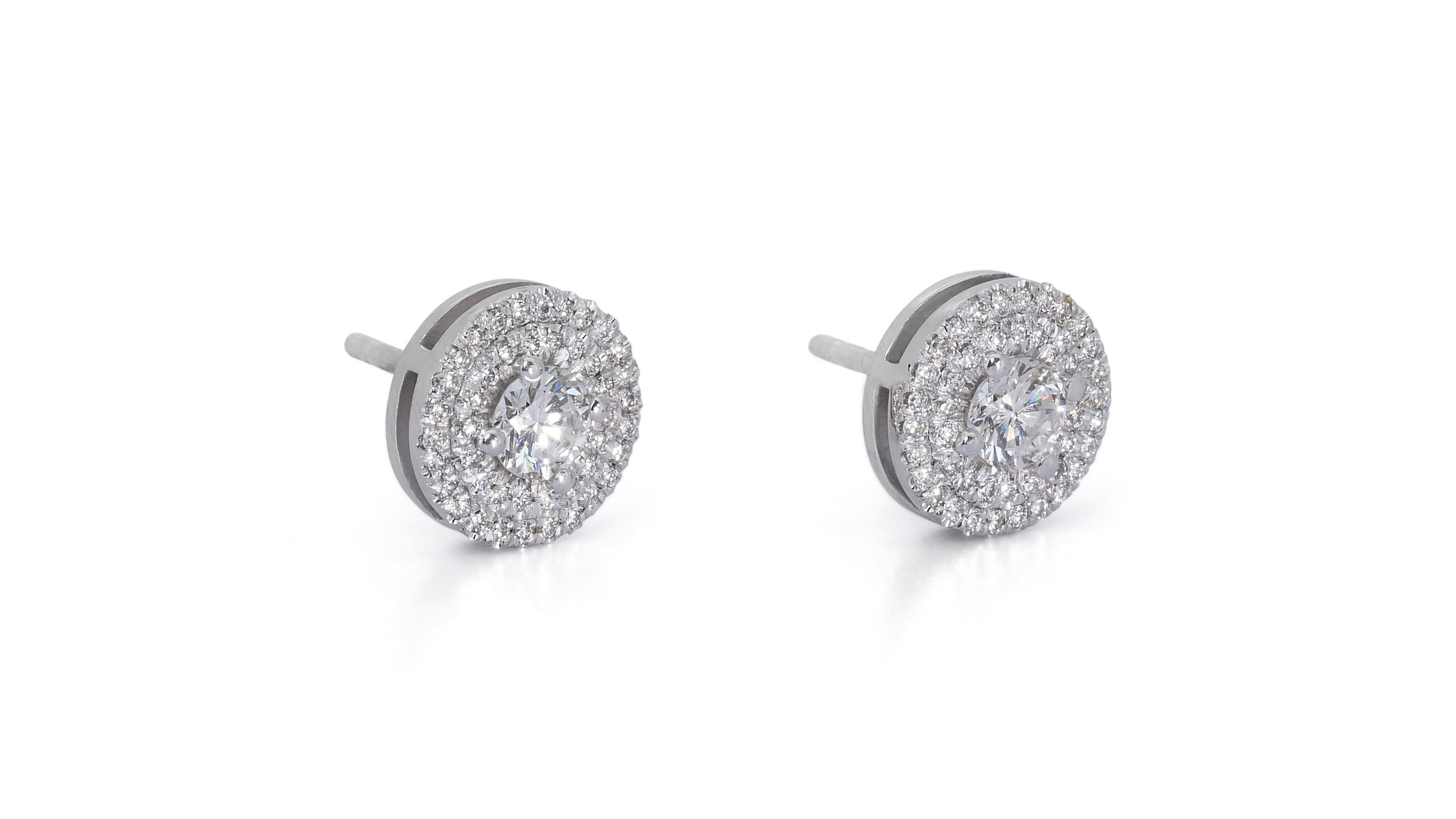 Round Cut Radiant 1.20ct Diamonds Halo Stud Earrings in 18k White Gold - GIA Certified For Sale