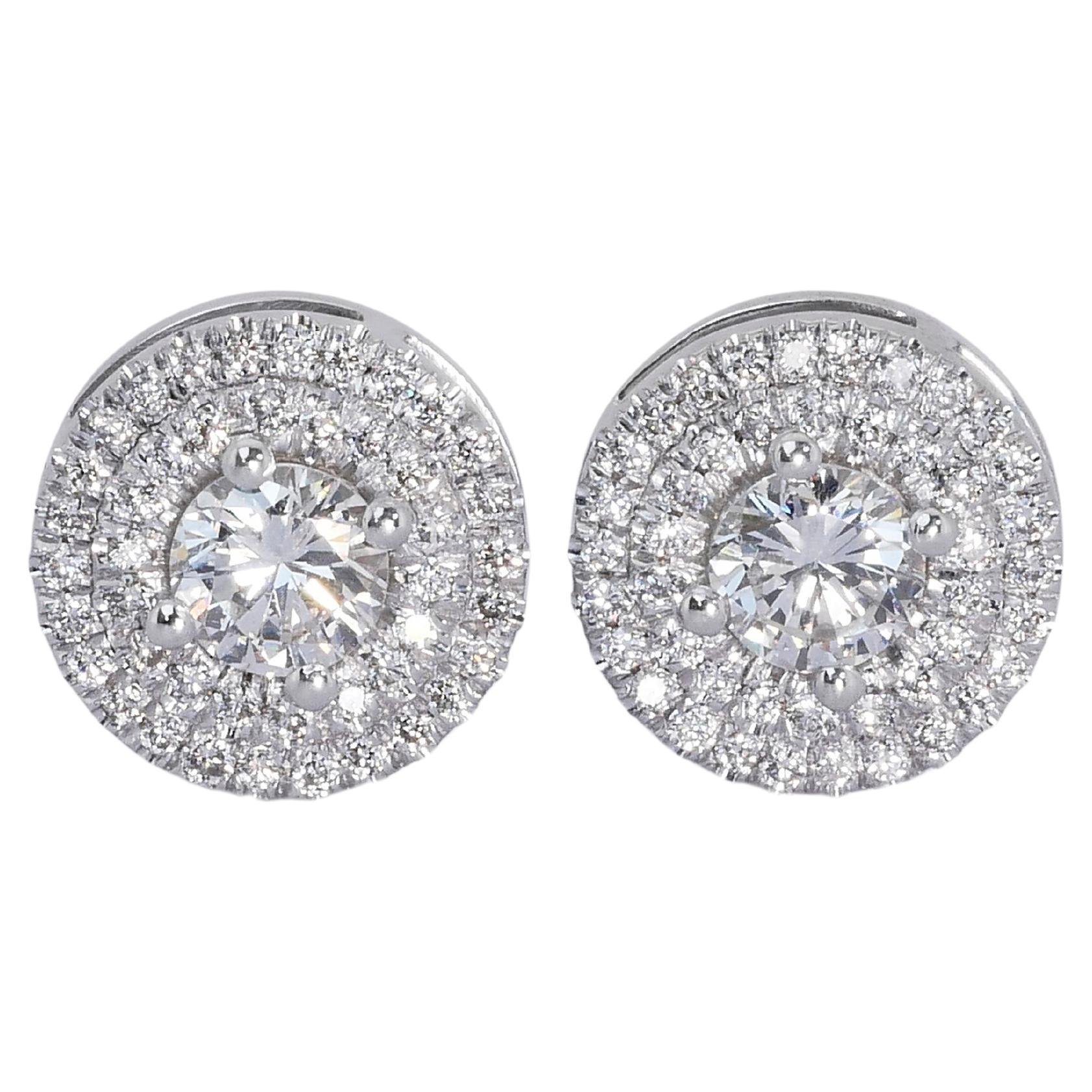 Radiant 1.20ct Diamonds Halo Stud Earrings in 18k White Gold - GIA Certified For Sale