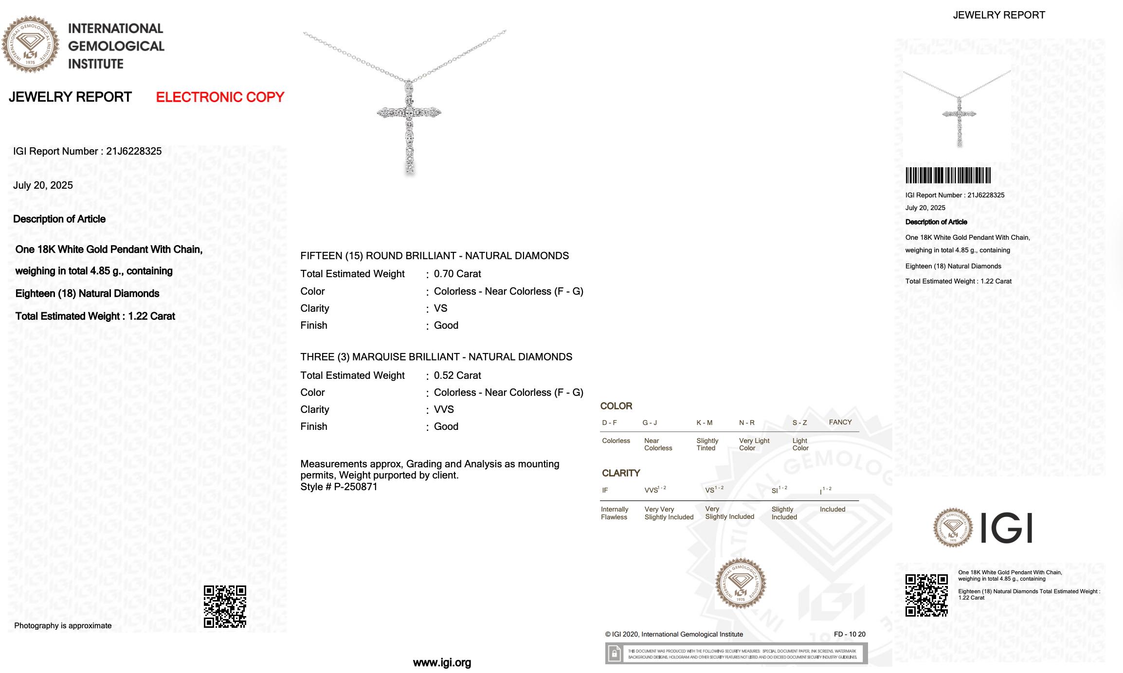 Women's Radiant 1.22ct Diamonds Necklace with Cross Pendant in 18k White Gold For Sale