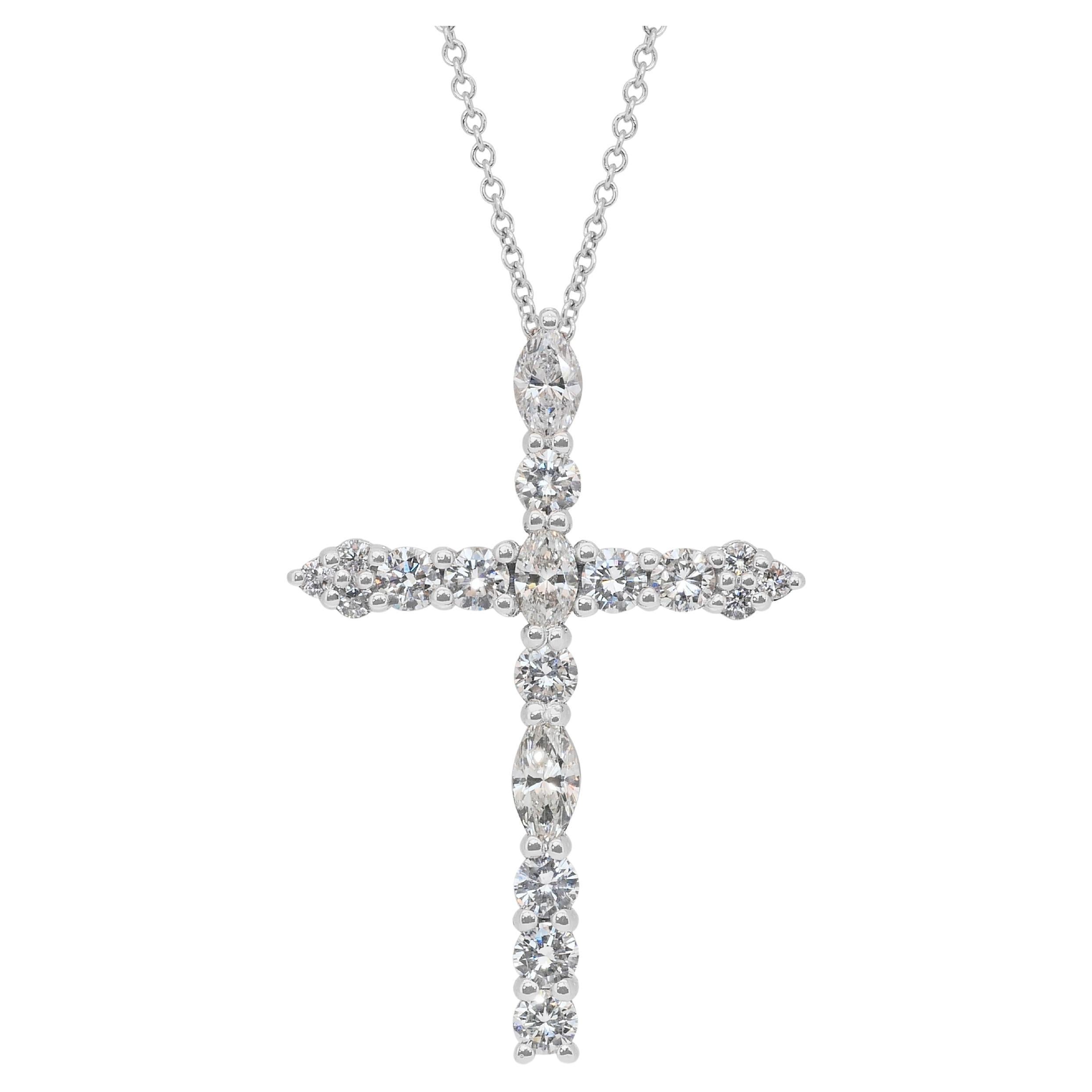 Collier en or blanc 18 carats avec pendentif croix et diamants de 1,22 carats rayonnants