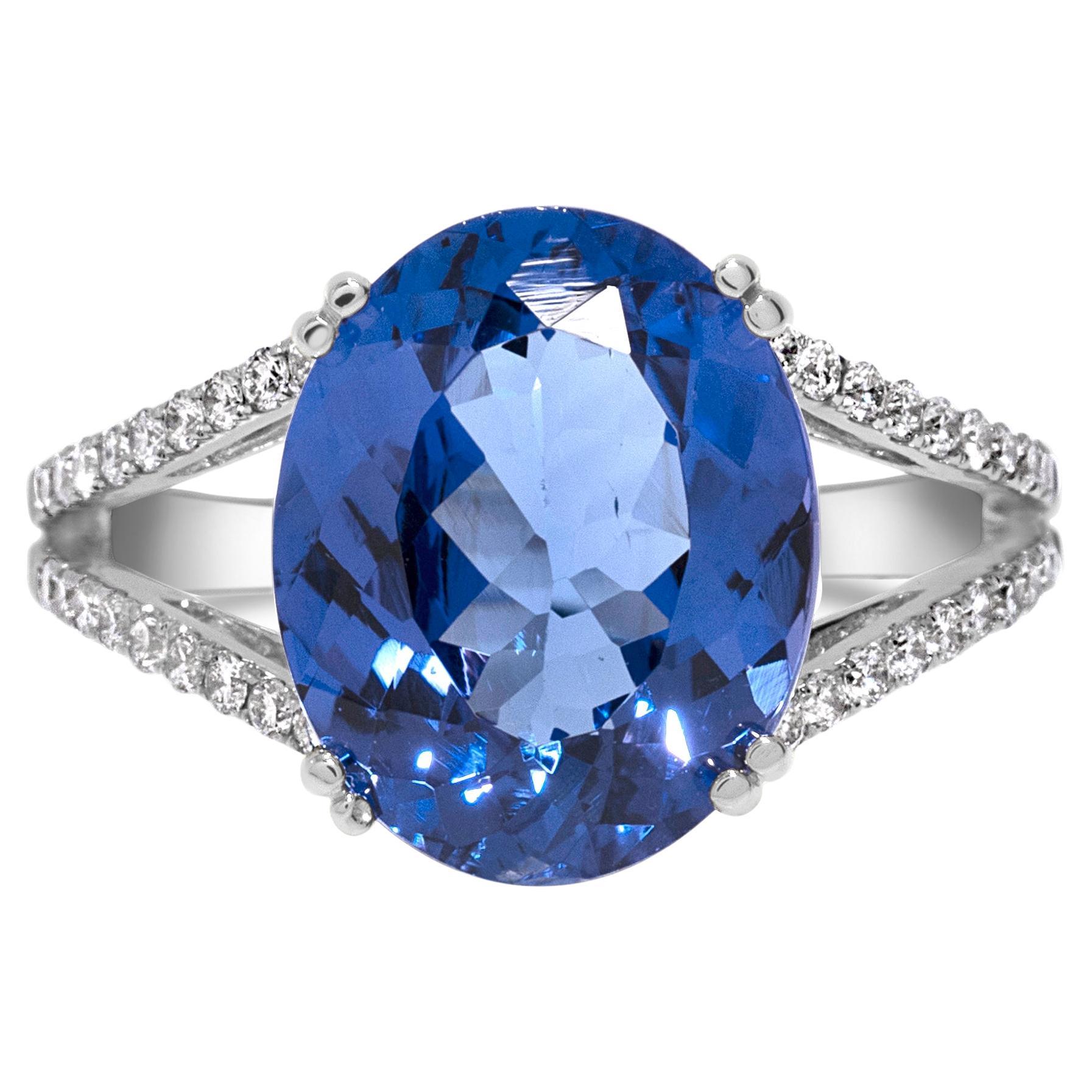 Radiant 12.30ct Blue Oval Tanzanite & Diamond Ring in 14k White Gold