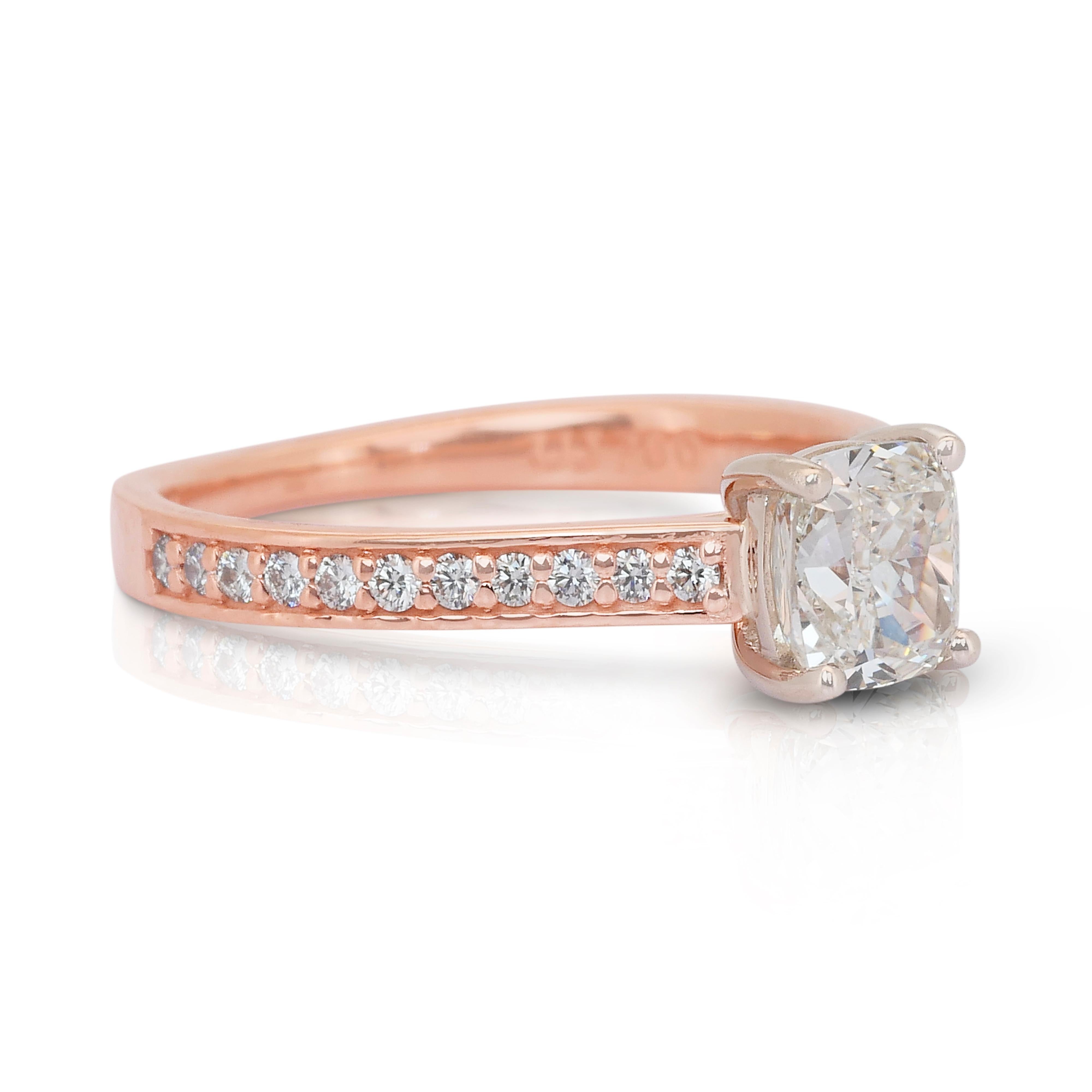 Cushion Cut Radiant 1.24ct Diamonds Pave Ring in 18k Rose & White Gold - IGI Certified For Sale