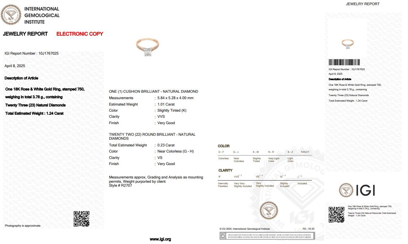 Women's Radiant 1.24ct Diamonds Pave Ring in 18k Rose & White Gold - IGI Certified For Sale