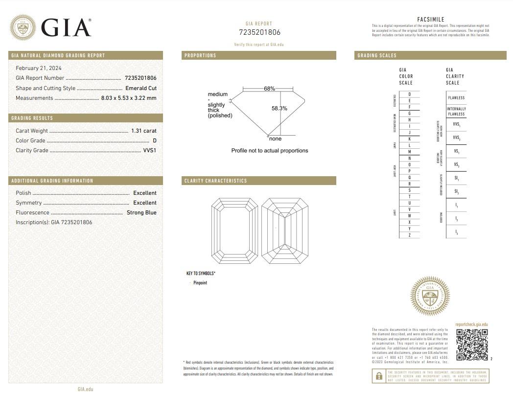 Radiant 1.31ct Ideal Cut Emerald-Cut Diamond - GIA Certified

Showcase unparalleled elegance with this 1.31-carat emerald cut diamond, distinguished by its top-tier color grade—absolutely colorless and exceptionally rare. GIA certification