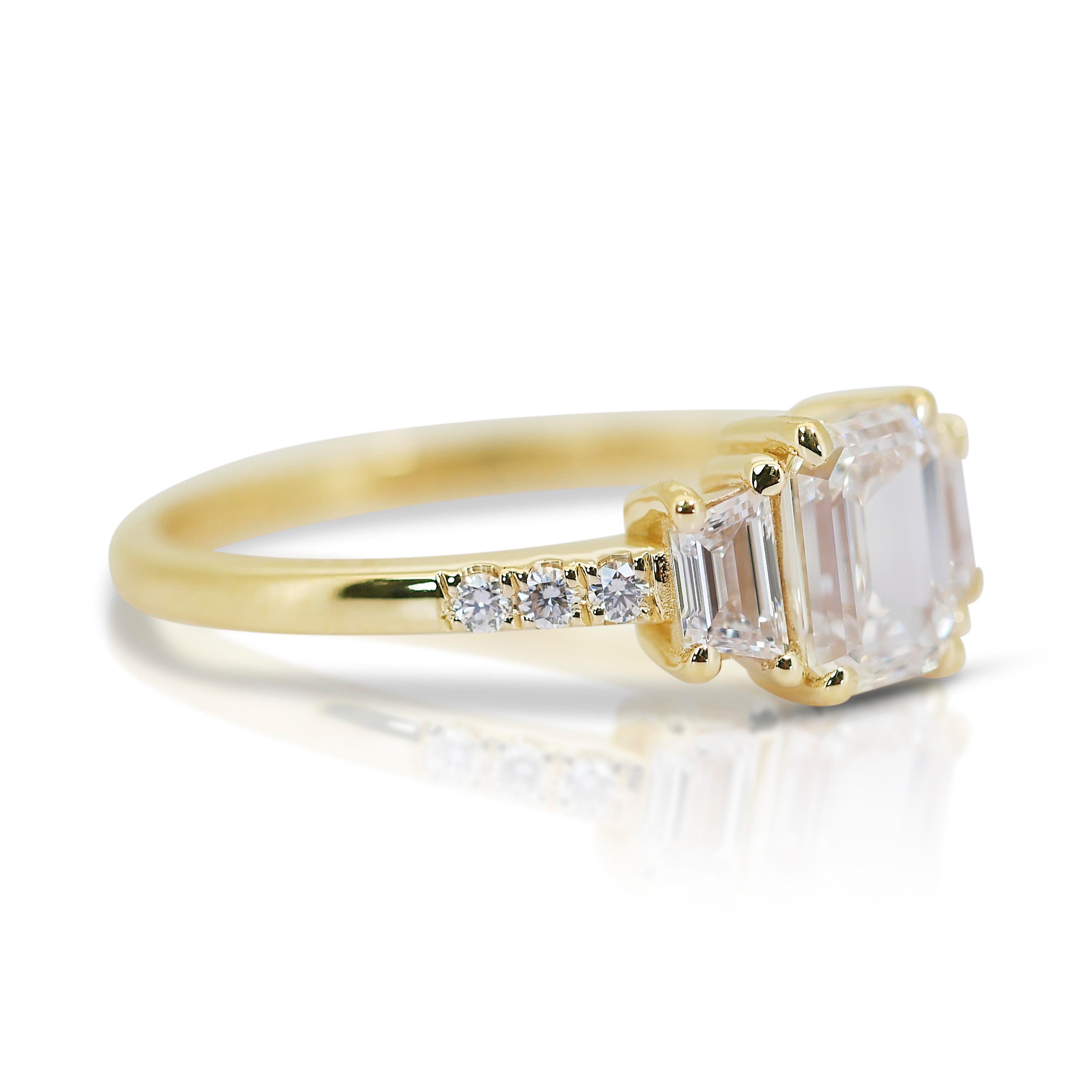 Emerald Cut Radiant 1.42ct Double Excellent Ideal Cut Diamond 3-Stone Ring - GIA Certified For Sale
