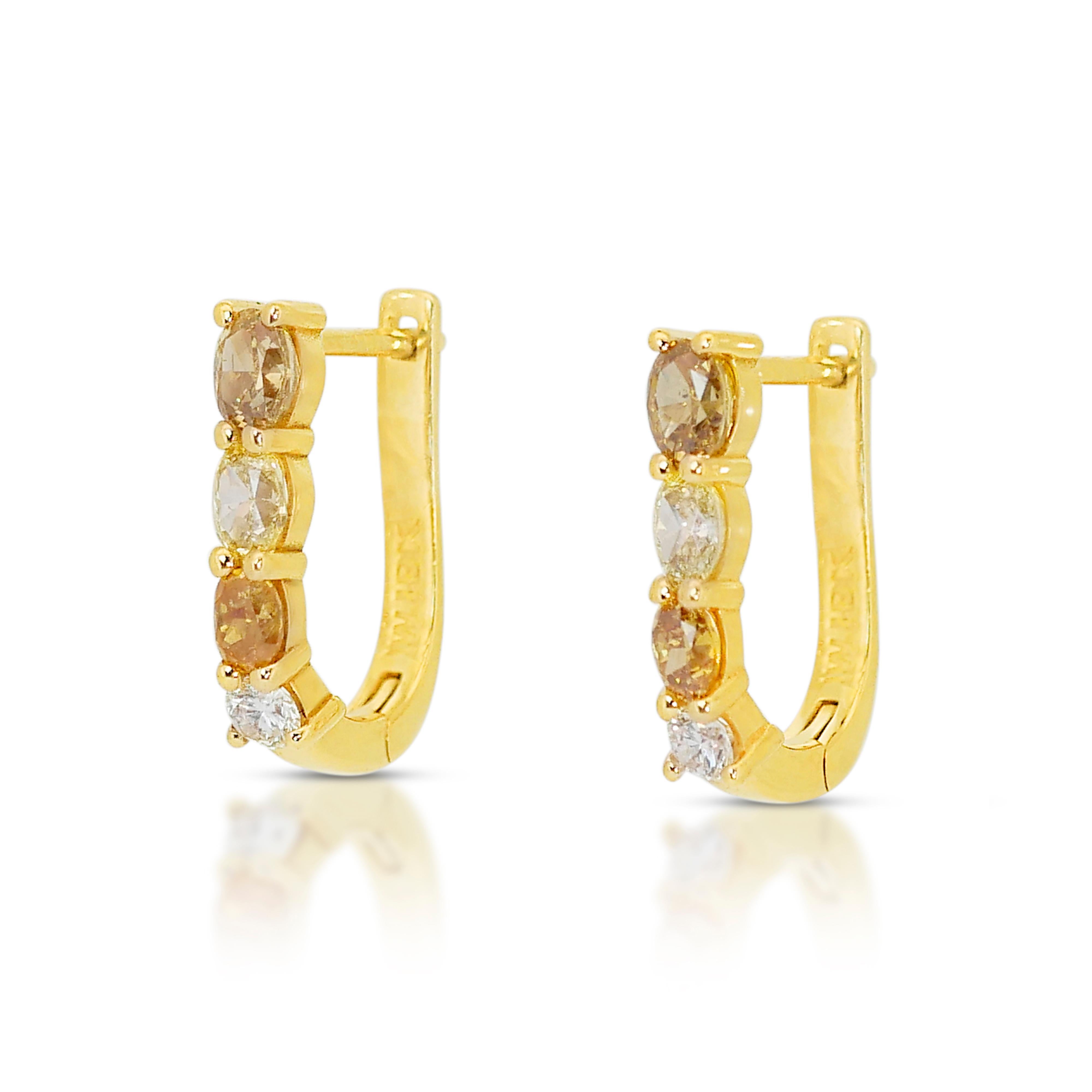 Round Cut Radiant 1.44 ct Fancy Colored Diamond Earrings in 18k Yellow Gold - IGI  For Sale