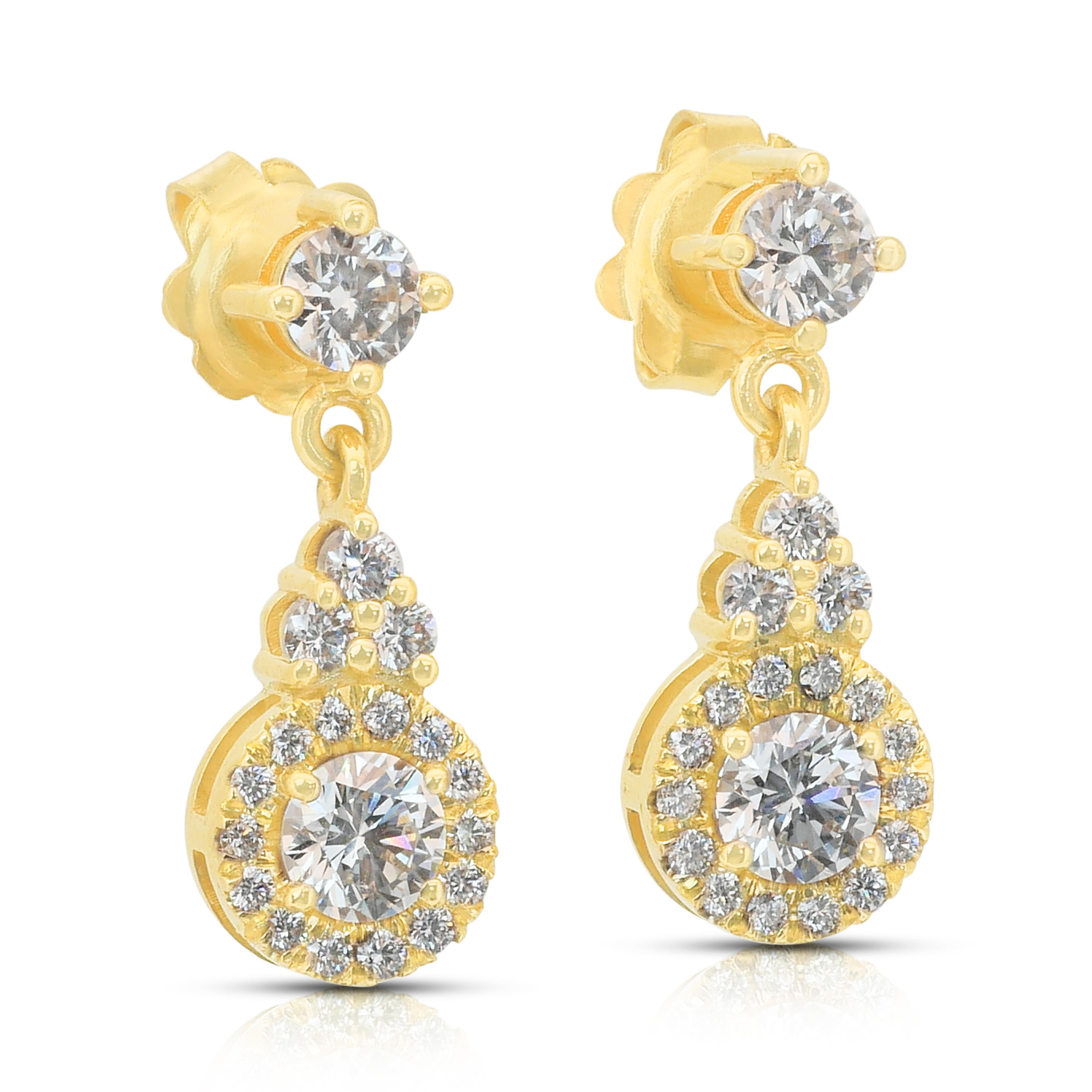 Pendientes de Gota de Diamantes Radiantes de 1.46ct en Oro Amarillo de 18k - Certificado IGI Corte redondo en venta