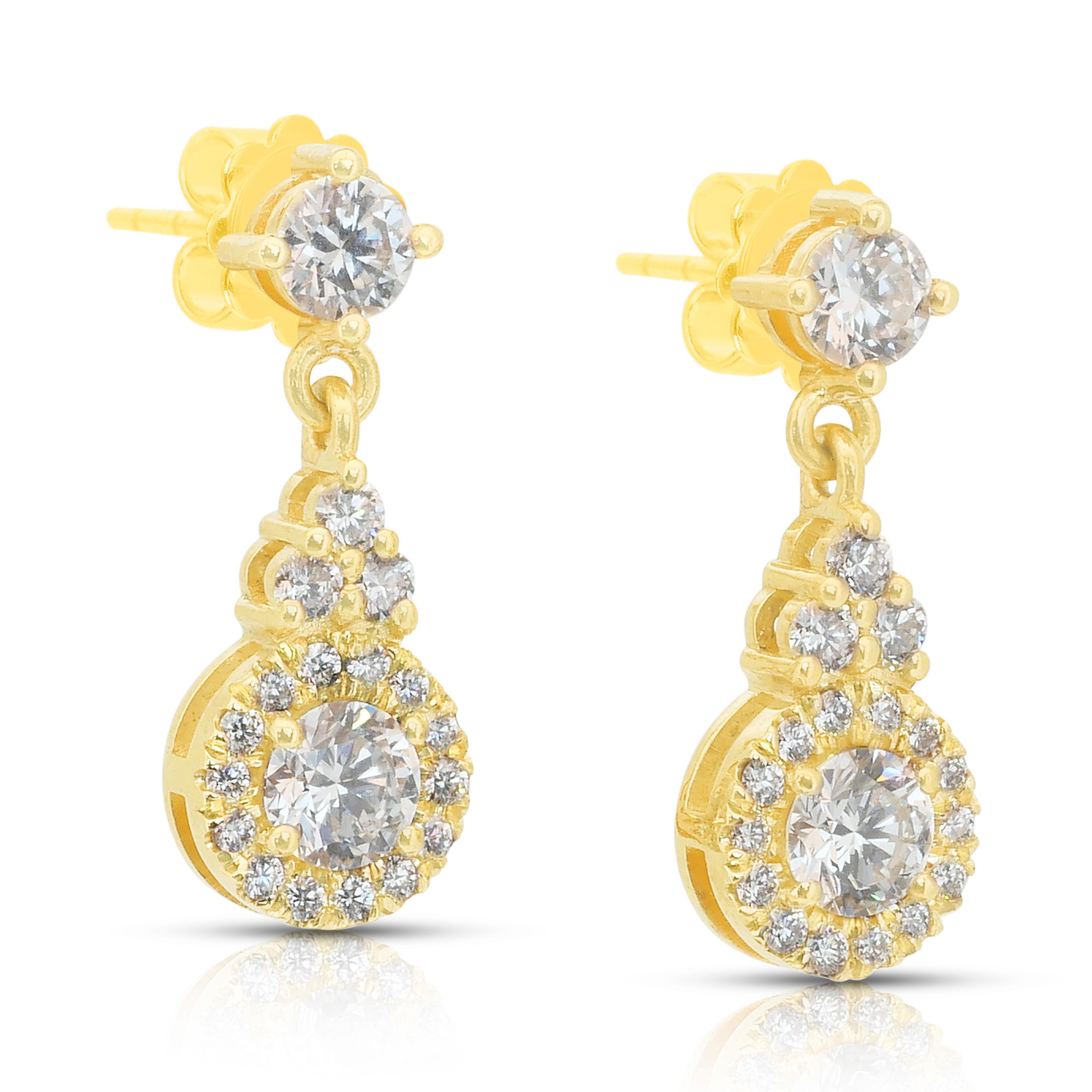 De las mujeres Pendientes de Gota de Diamantes Radiantes de 1.46ct en Oro Amarillo de 18k - Certificado IGI en venta