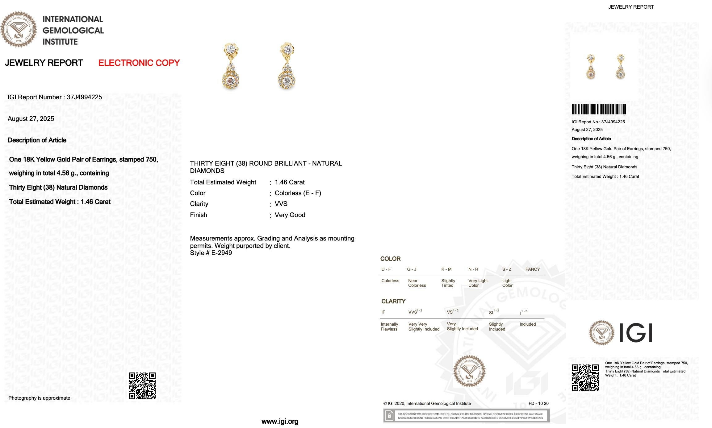 Pendientes de Gota de Diamantes Radiantes de 1.46ct en Oro Amarillo de 18k - Certificado IGI en venta 1