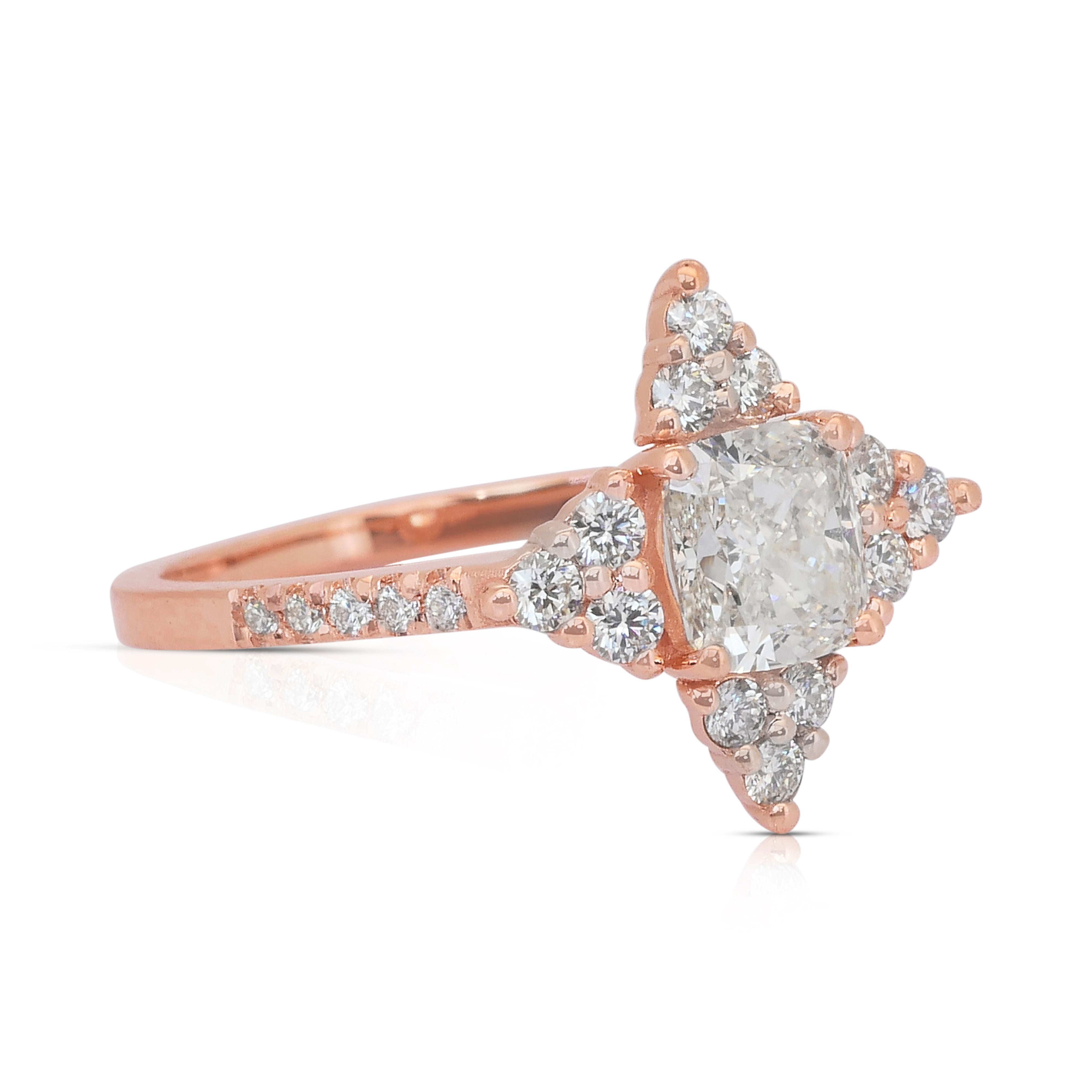 Cushion Cut Radiant 1.48ct Diamonds Pave Ring in 18k Rose Gold - IGI Certified For Sale