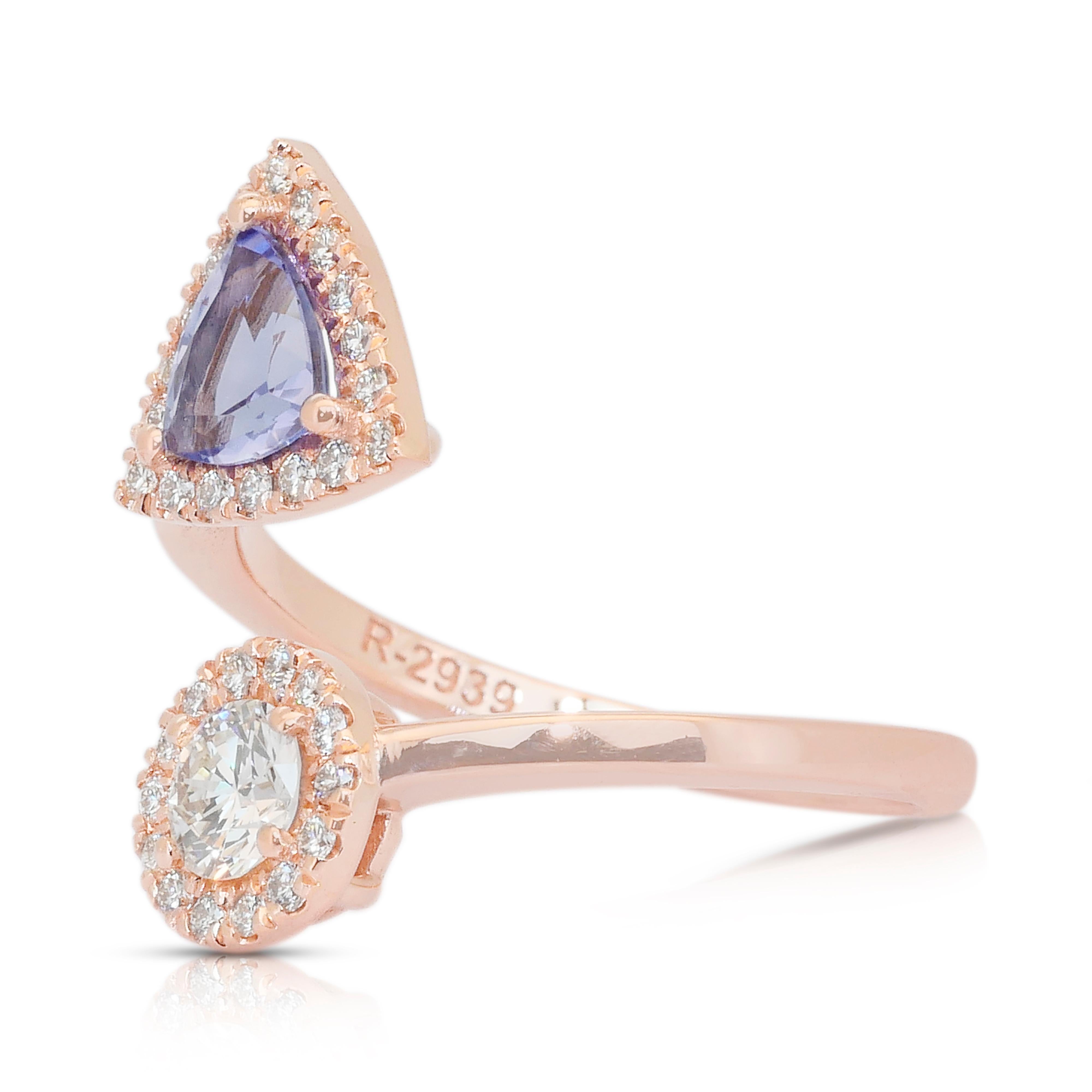 Bague en or rose 18 carats avec tanzanite et diamants - certifié IGI Neuf - En vente à רמת גן, IL