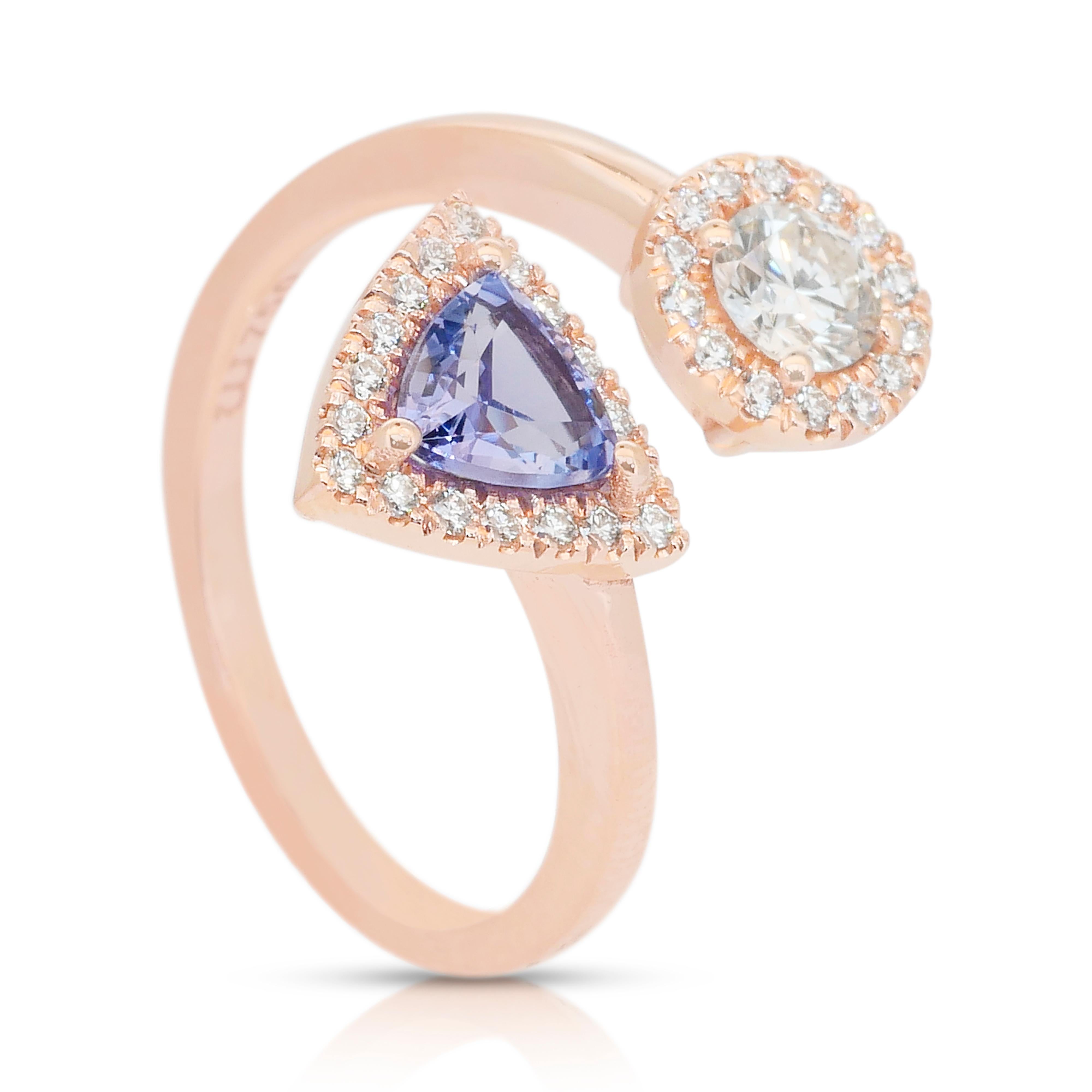 Bague en or rose 18 carats avec tanzanite et diamants - certifié IGI en vente 3