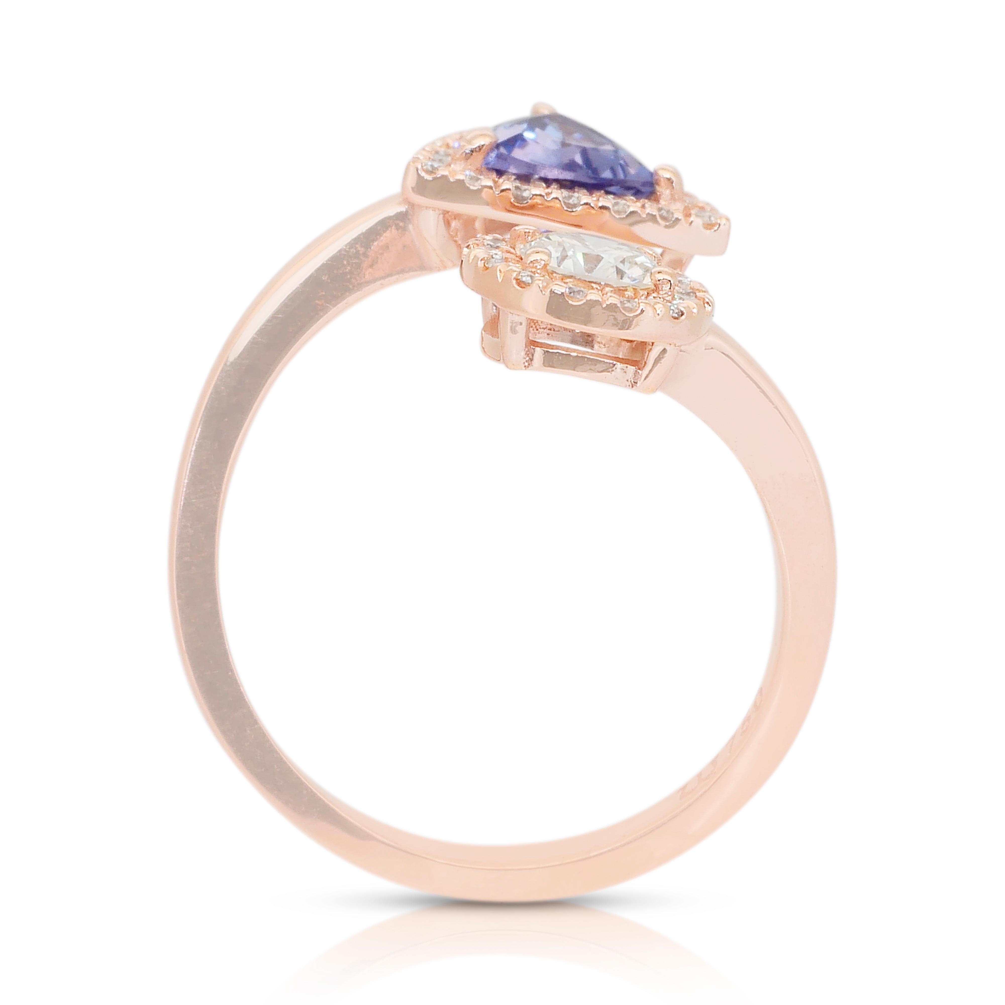 Bague en or rose 18 carats avec tanzanite et diamants - certifié IGI en vente 4