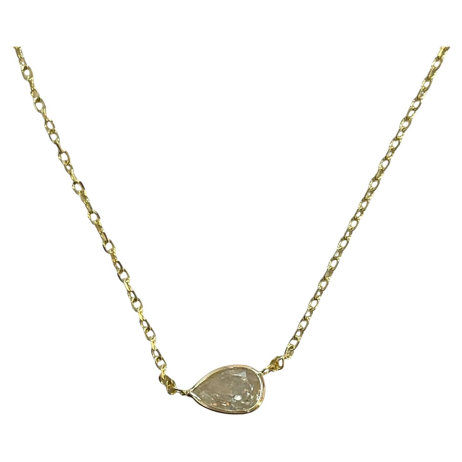Radiant 14K Yellow Gold 0.73ct Pear Natural Diamond Bezeled Necklace