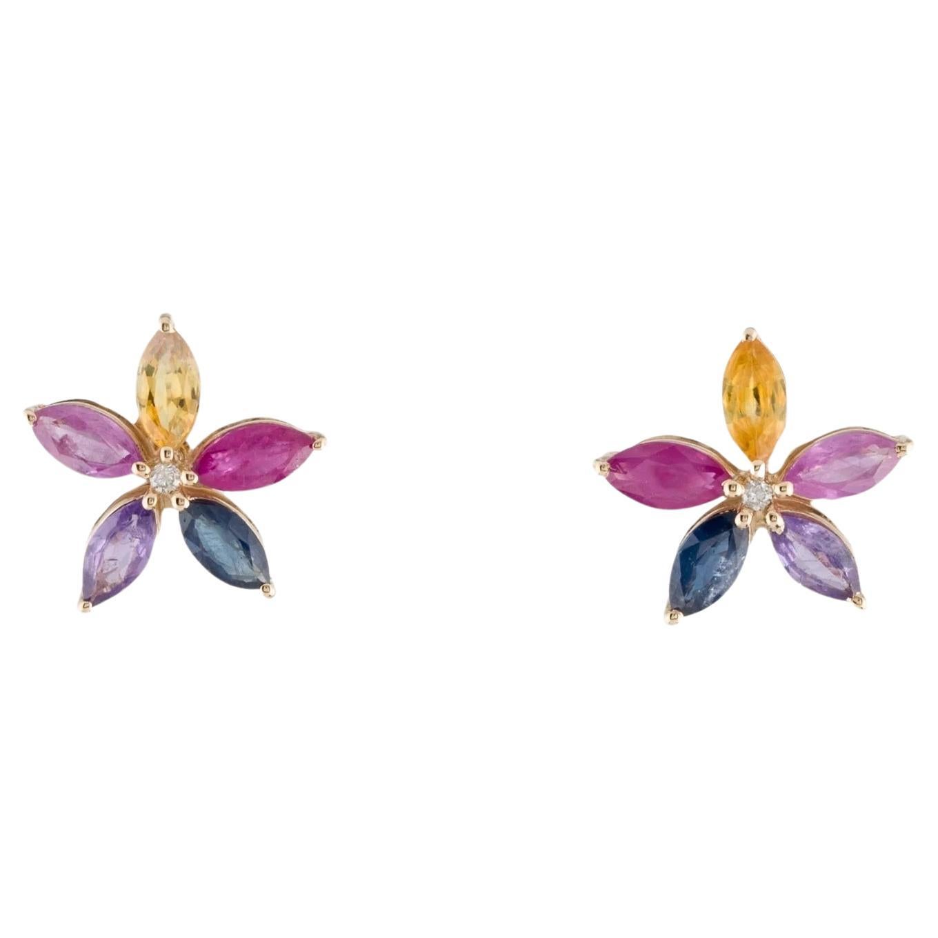 Radiant 14K Yellow Gold Earrings with Multi-Colored Sapphire and Diamonds For Sale