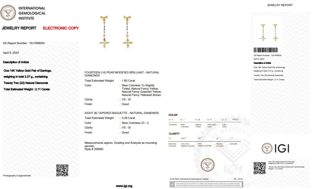 Radiant 14k Yellow Gold Fancy Colored Drop Earrings w/2.11 ct - IGI Certified For Sale 1