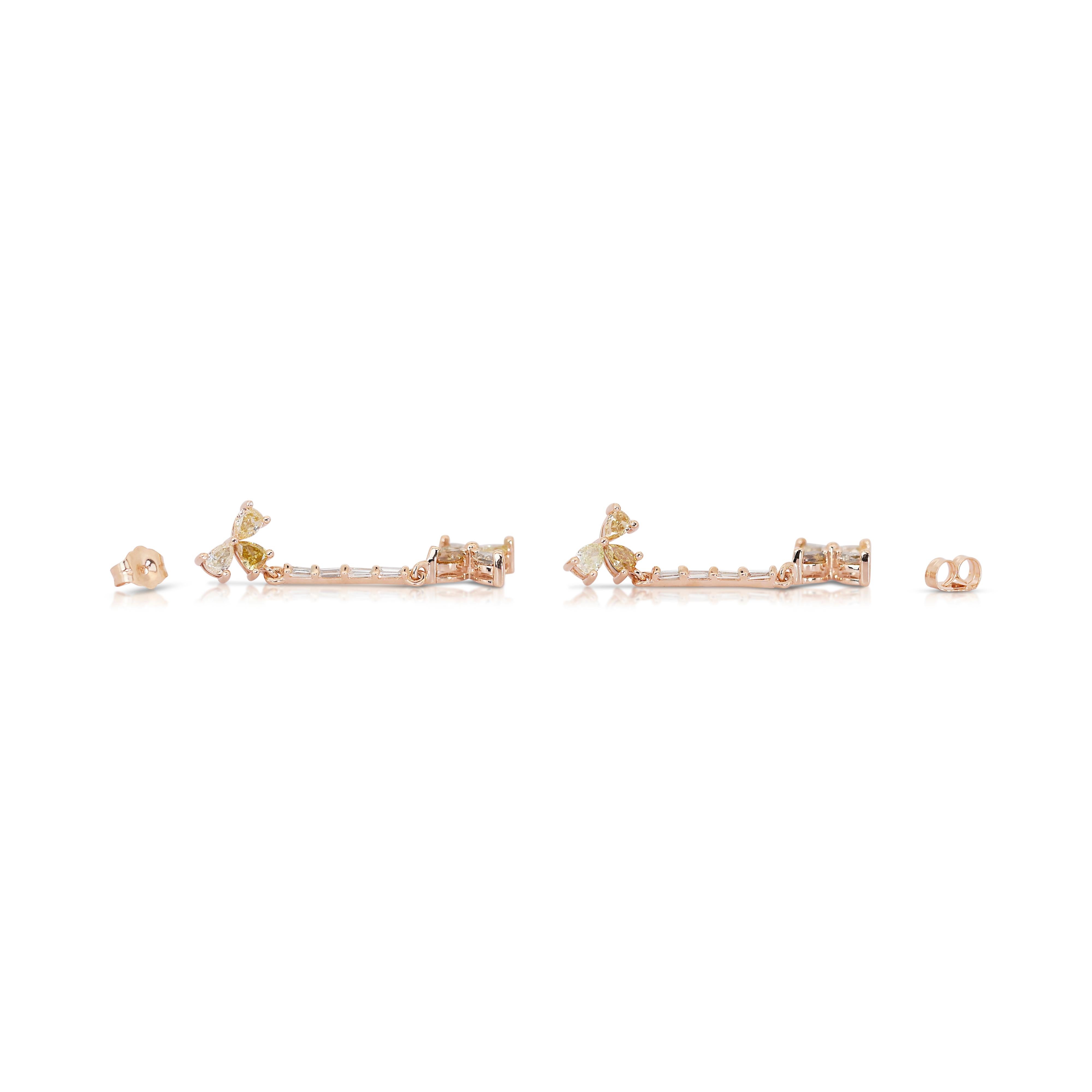 Radiant 14k Yellow Gold Fancy Colored Drop Earrings w/2.11 ct - IGI Certified For Sale 4