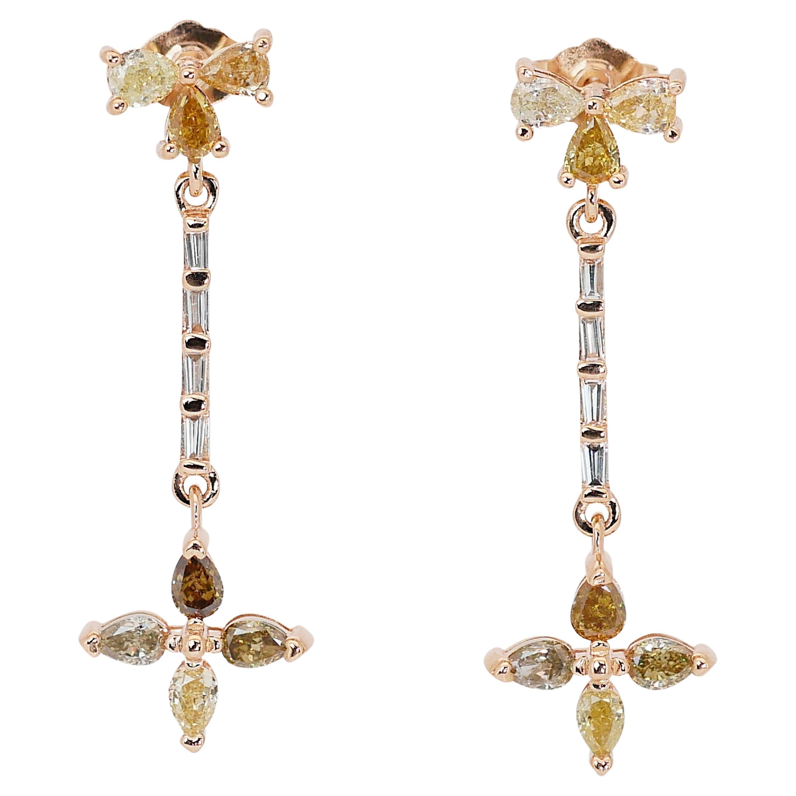 Boucles d'oreilles pendantes radiantes en or jaune 14 carats de couleur fantaisie avec 2,11 carats, certifiées IGI