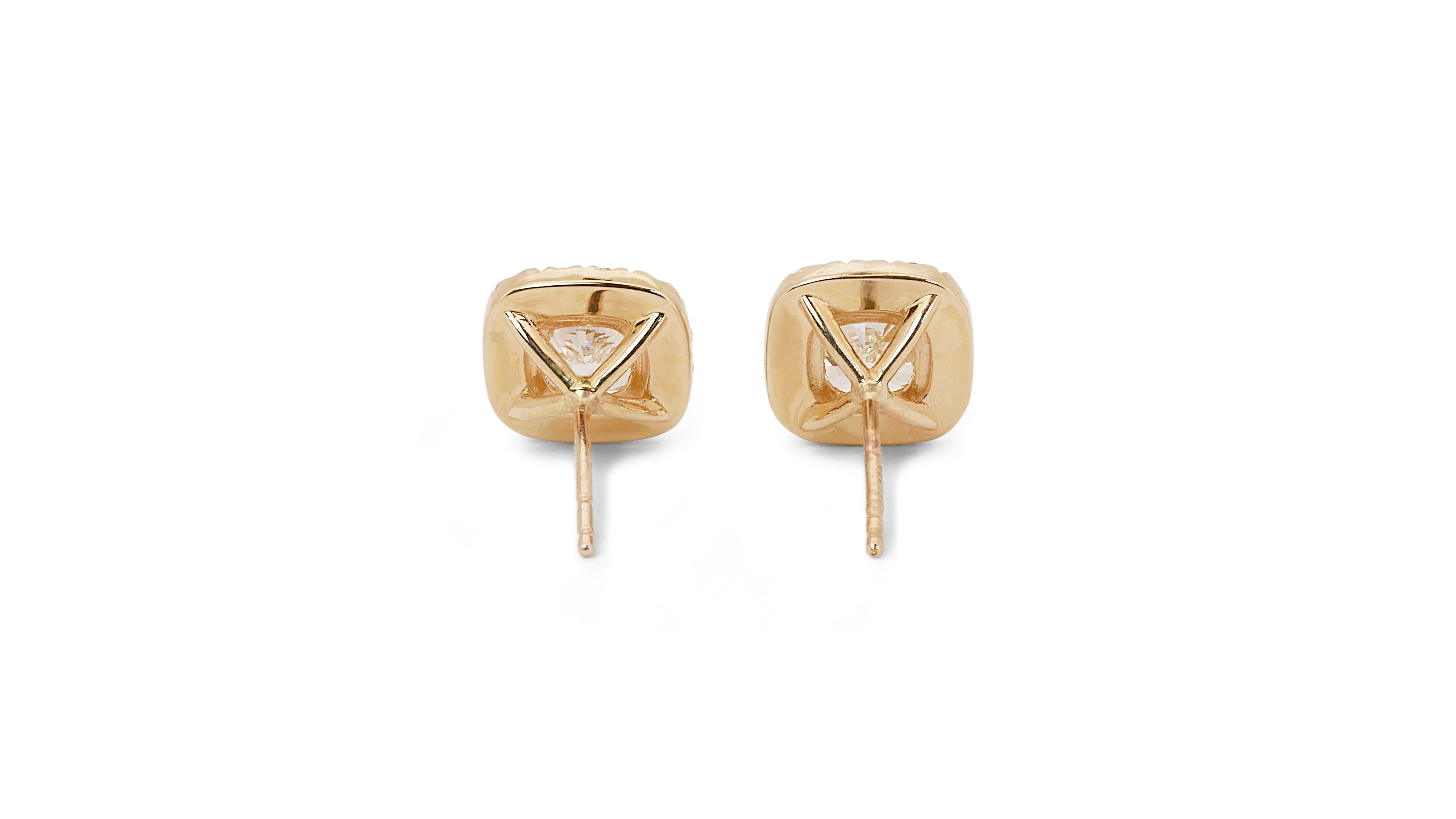 Radiant 14k Yellow Gold Natural Diamond Halo Stud Earrings w/2.57 ct - IGI Cert For Sale 1